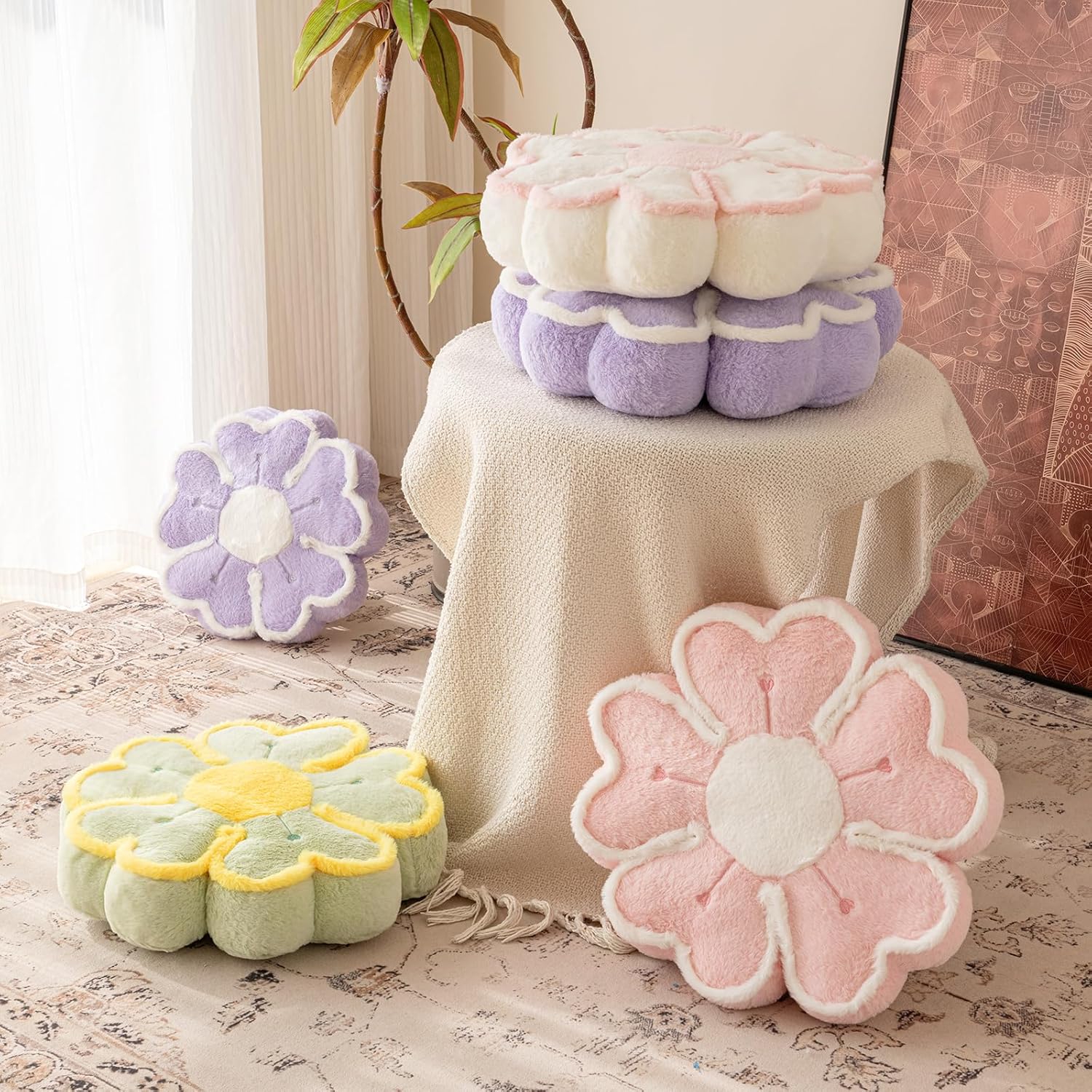 Flower Shaped Decorative Throw Pillow Cushion for Bed Couch, Cute Flower Plush Throw Pillows Home Decor Floor Pillow Seating Cushions (Ivory White, 13.7 Inches) - Image 4