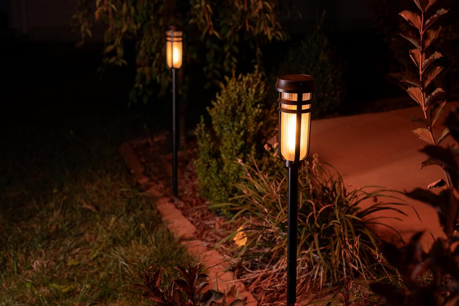 FoxFlame Metal Solar Torch Lights-Adjustable Height (24"-50"), Outdoor Garden Decor with Patented LED, Waterproof Solar Tiki Torches for Yard,Patio,Garden Pathway,Matte Black–2 Pack
