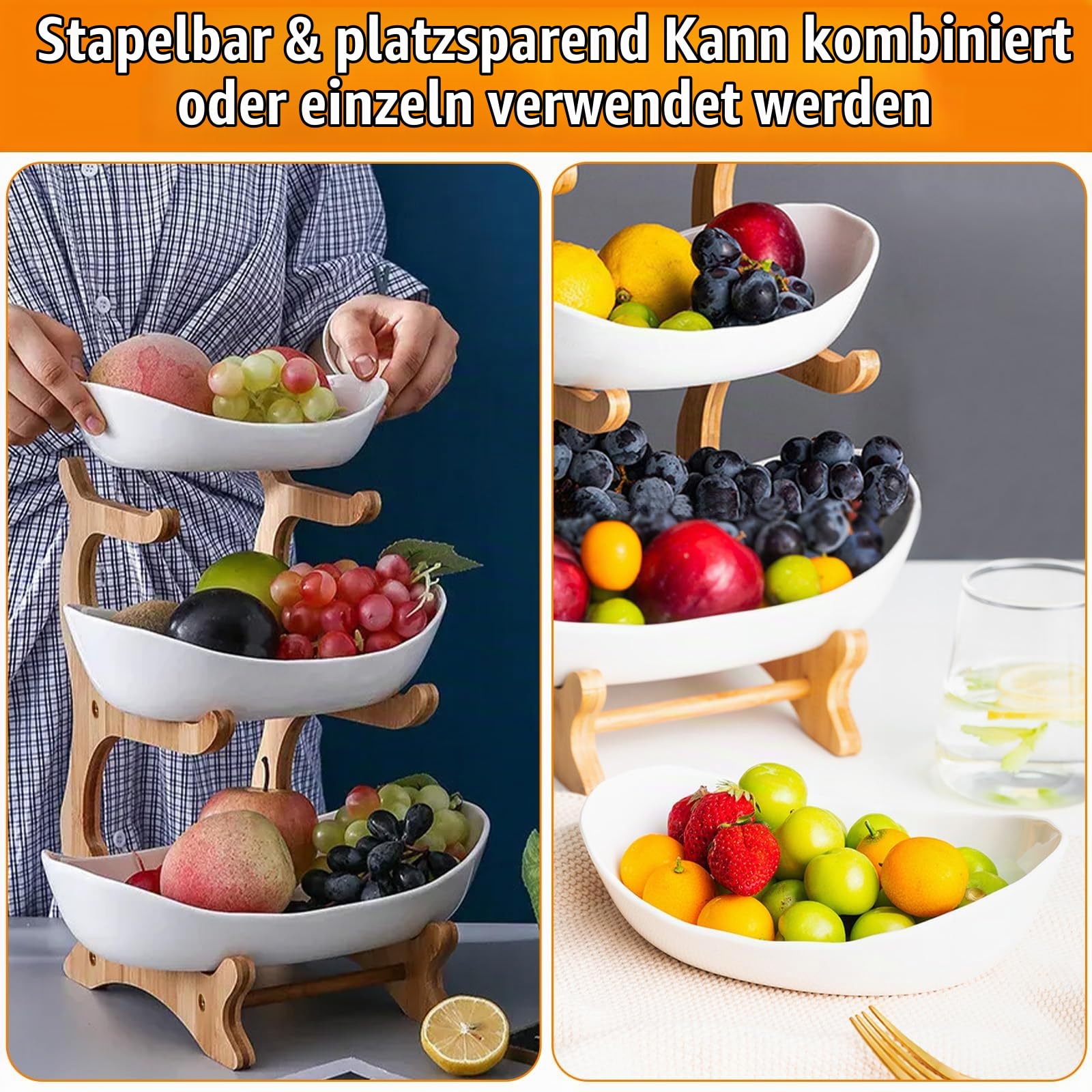 3 Etagen Keramik Obstschale mit Natürlichem Bambus Hölzernen Ständer, Modern Familie Obstkorb, Obst Aufbewahrung Etagere, Küche Servierteller für Gemüse, Desserts, Kuchen, Süßigkeiten, Snacks (Weiß)