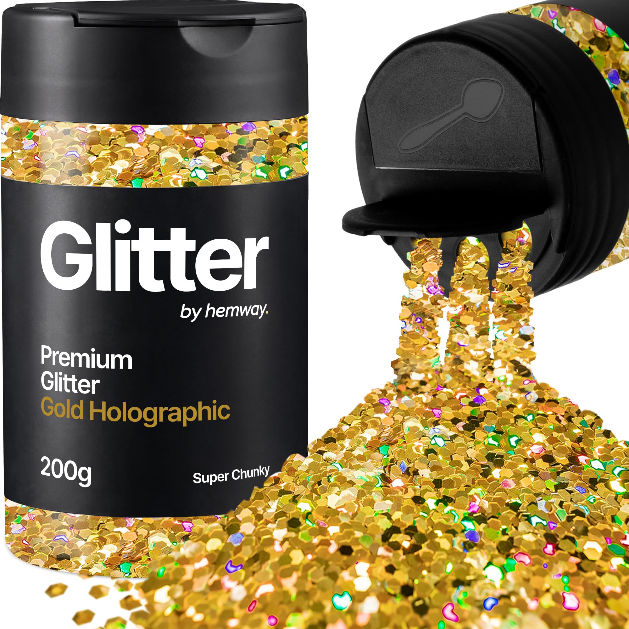 Hemway Gold Holographic Glitter Shaker, 200g Super Chunky Glitter for Crafts Metallic Flake Sequins for Resin & Epoxy Crafts for Decorating, Halloween, Christmas, Nail, Face, Art
