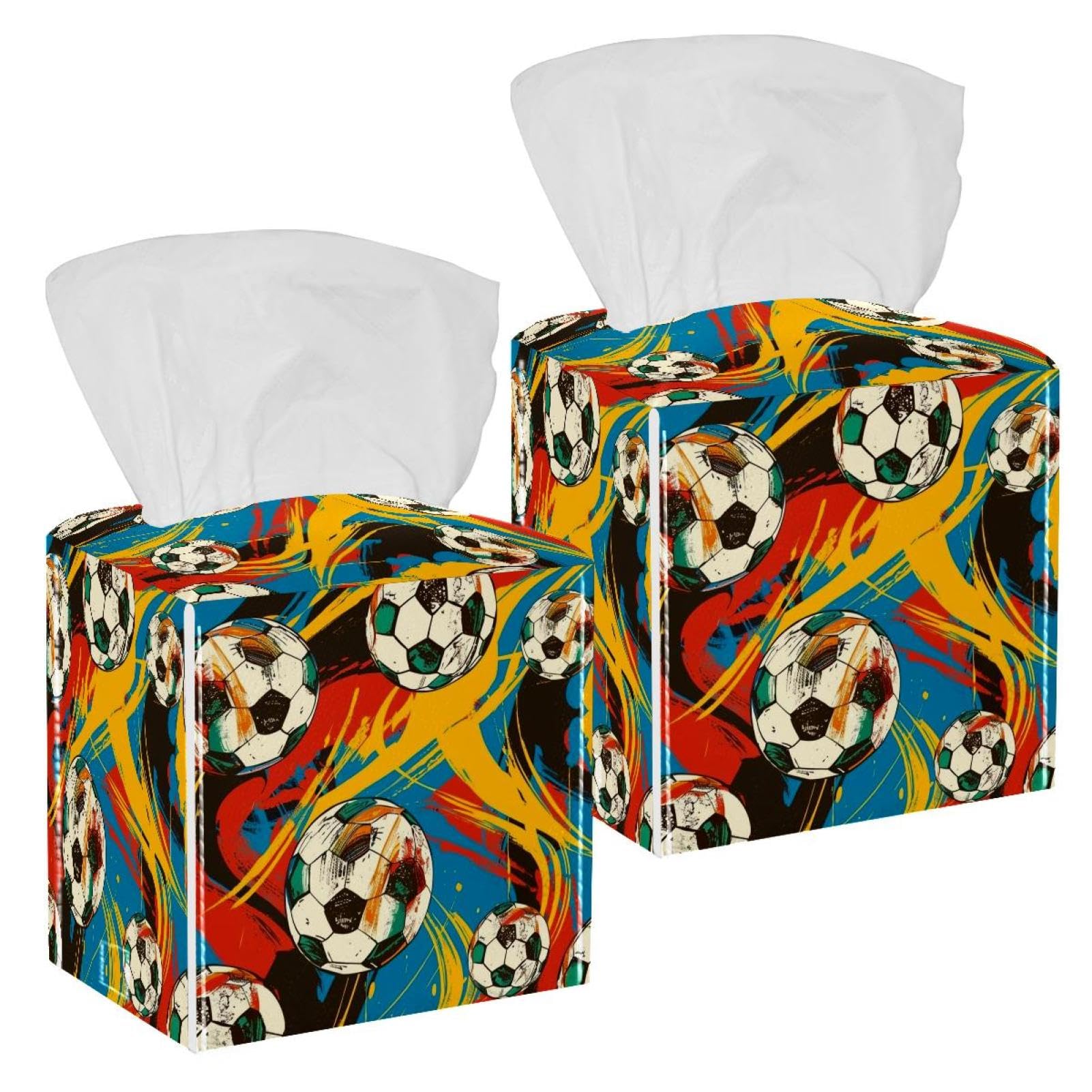Colorful Soccer Print Tissue Box Cover, 2 Pack PU Leather Square Facial Tissue Dispenser Box holder for Home Office Car