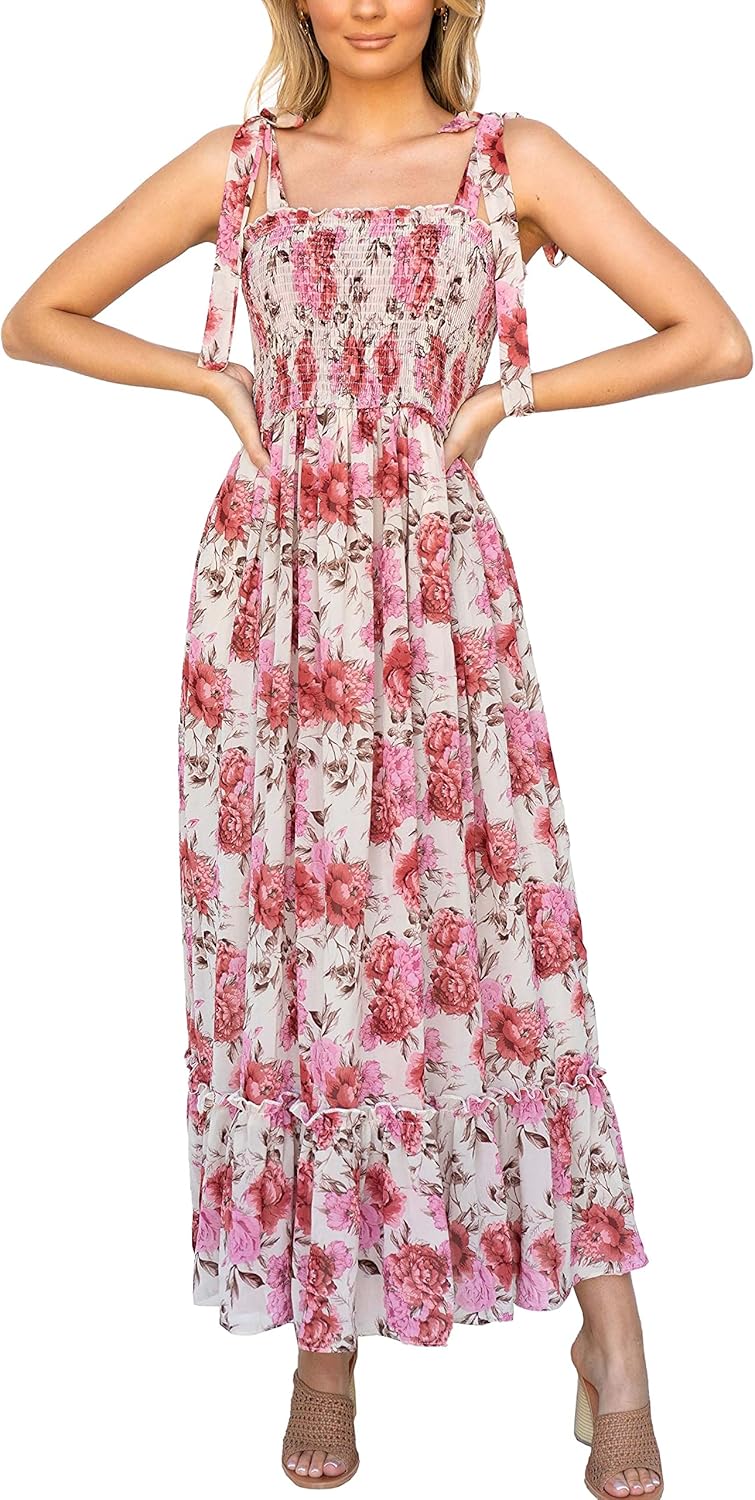 Imily Bela Womens Summer Floral Boho Dress Tie Strap Square Neck Smocked Ruffle A Line Beach Long Maxi Dresses