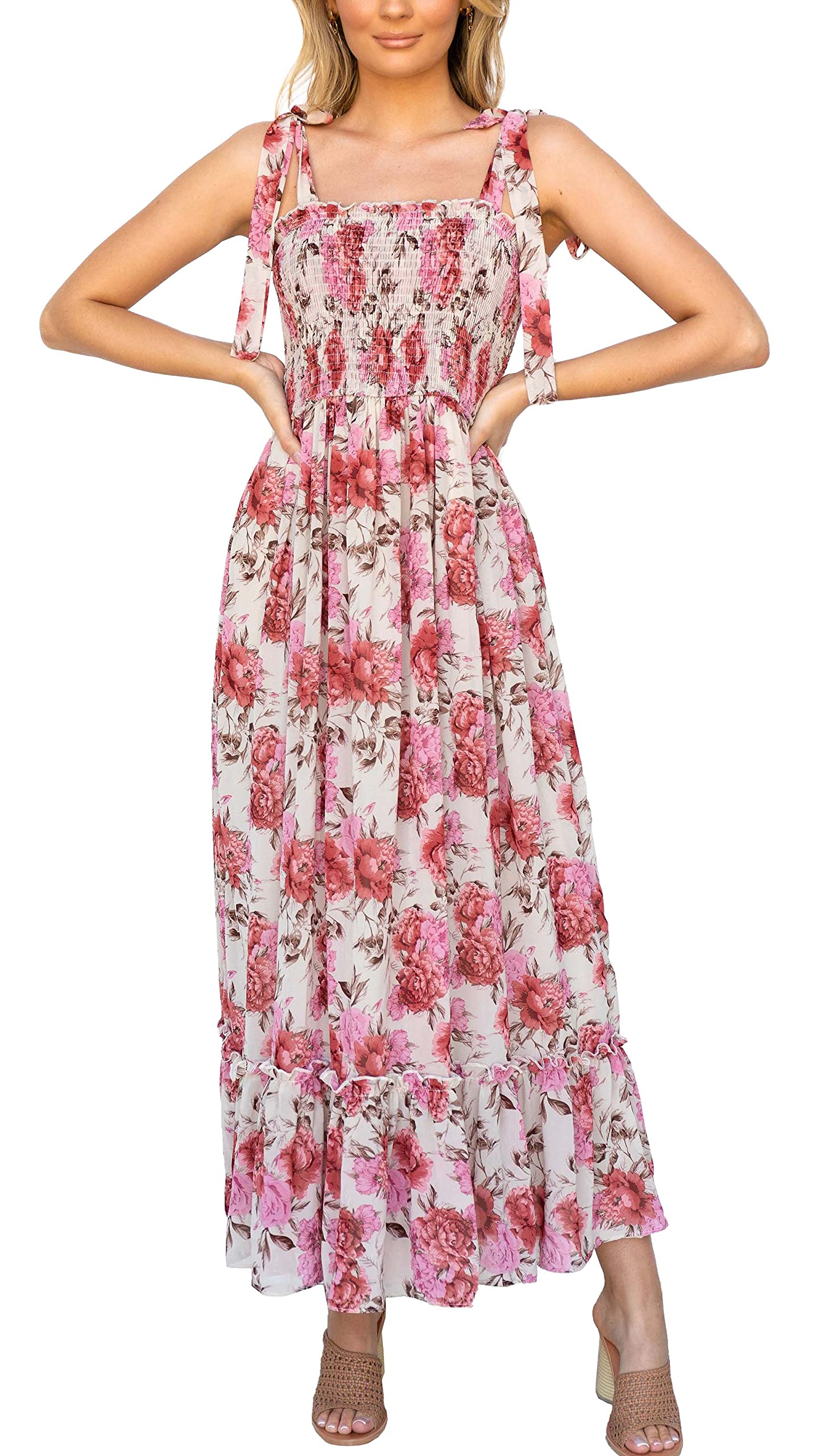 Imily Bela Womens Summer Floral Boho Dress Tie Strap Square Neck Smocked Ruffle A Line Beach Long Maxi Dresses