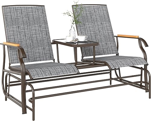 Miniatura 10 de Outsunny Banco planeador para 2 personas, silla de columpio para patio, sofá biplaza con malla transpirable, mesa, marco de acero para jardín, patio