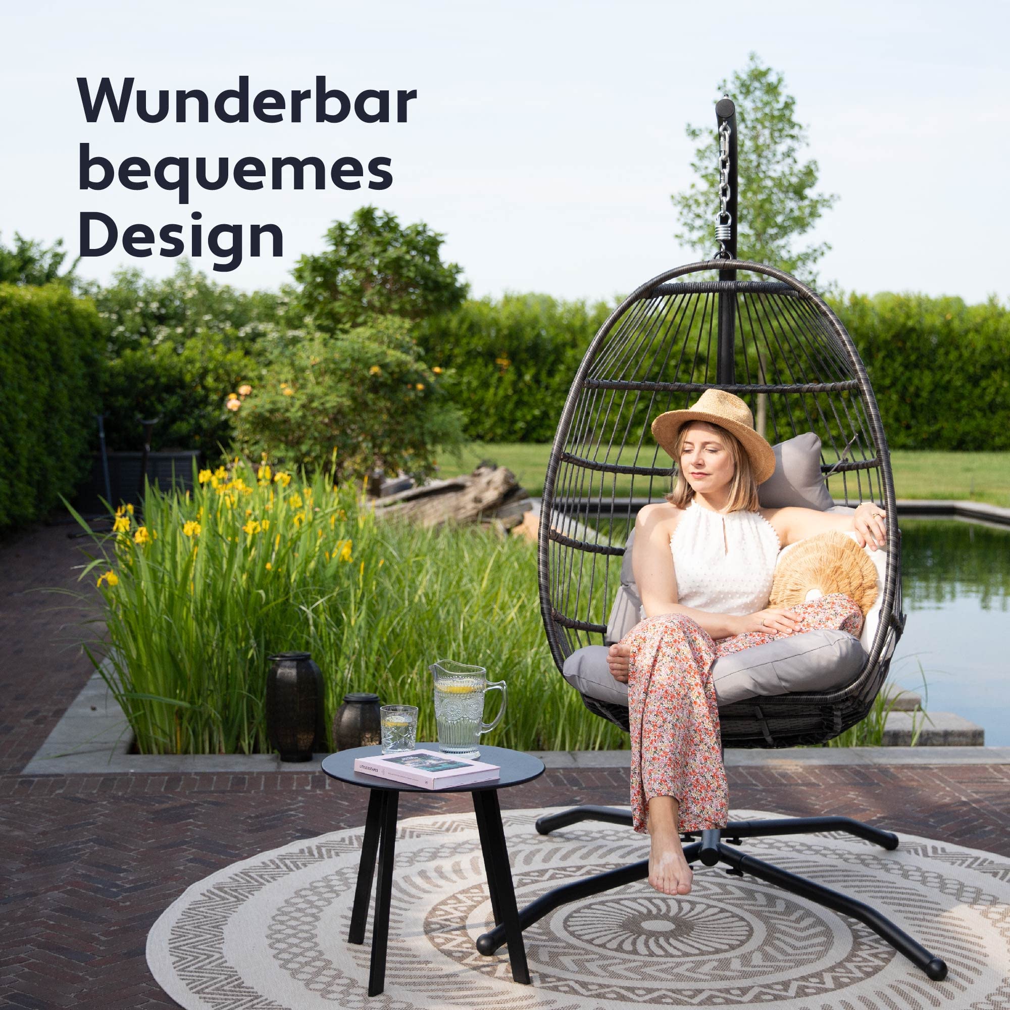 VITA5 Hängesessel mit Gestell - Bequemer Hängekorb Sessel - Rattan Hängesessel Outdoor und Indoor - Boho Egg Schaukel für Terrasse&Leseecke - 150 kg Tragkraft (Grau)