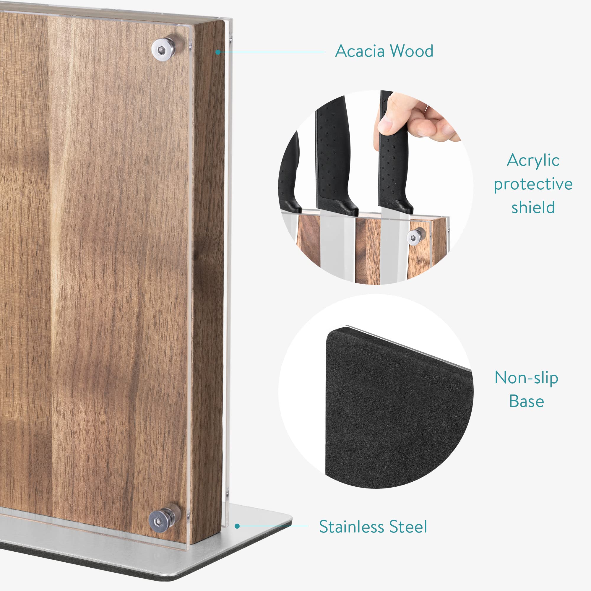 Navaris Bloc à Couteaux magnétique - Bloc aimanté Double Face en Bois d'acacia avec Plaque Protection Acrylique - Range Couteau de Cuisine Vide