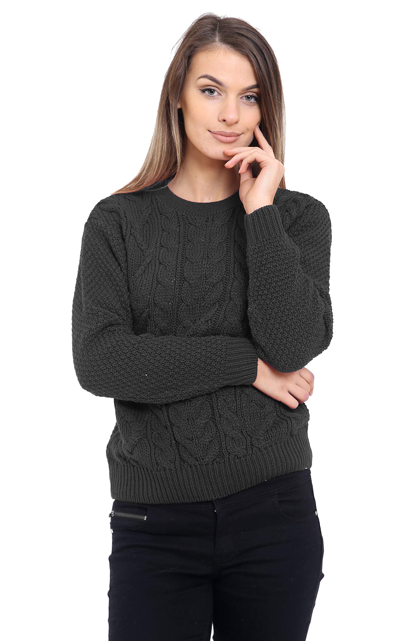 Generation Fashion New Ladies Cable Knit Crew Round Neck Long Sleeve Women Knitted Jumper Sweater [Black,LXL]