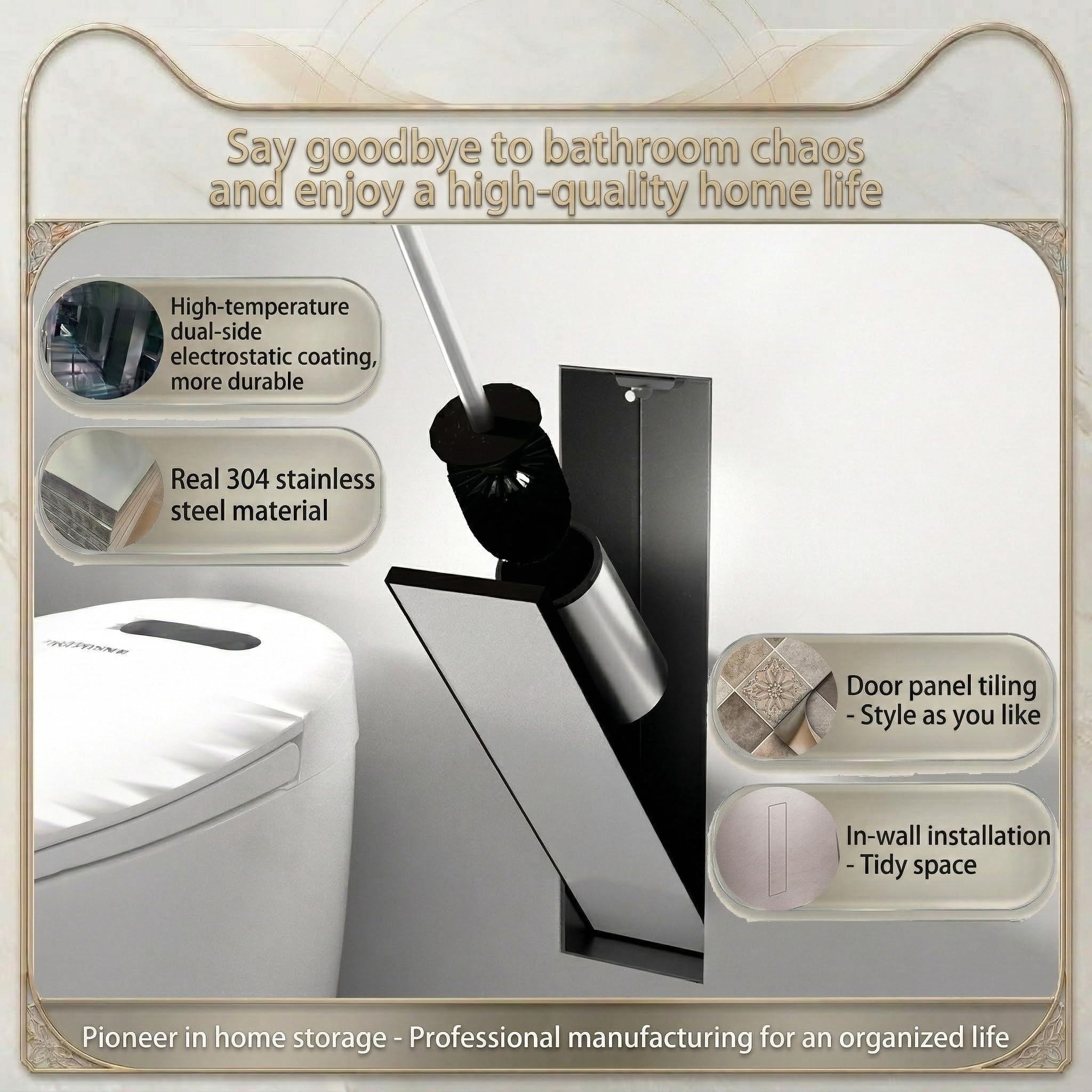 Porta scopino WC da incasso in acciaio inox nero opaco - Nicchia a parete invisibile, porta piastrellabile, contenimento chiuso, sicuro e igienico, salvaspazio (45 x 12 x 12 cm)
