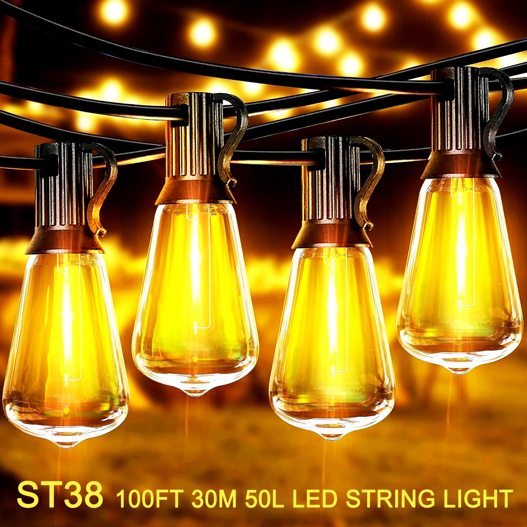 Guirnalda de luces LED para exteriores con 26 bombillas de plástico Edison de 50 pies (1 repuesto), luces colgantes impermeables para patio, porche, balcón, decoración de fiesta