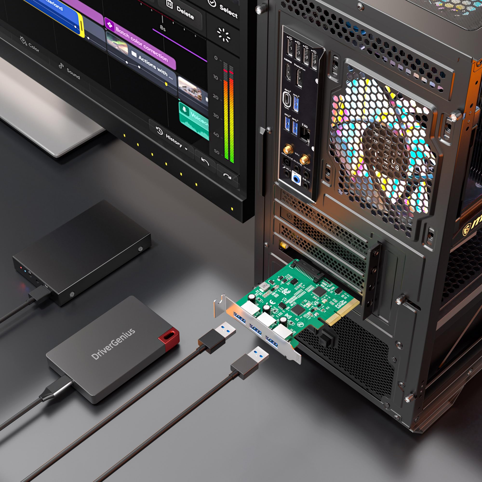 DriverGenius Turbo-X | Carte PCIe USB 3.2 3 Ports USB-A (Low Profile) | Carte D'Extension USB 10 Gbit/s pour PC SFF et Serveurs, PCIe x4, Compatible Windows 11 et Linux, Équerre Standard Incluse
