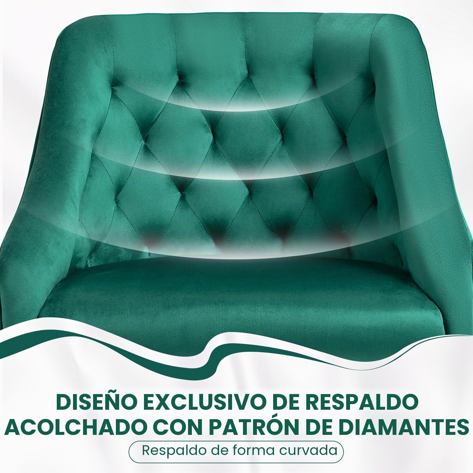 Silla Escritorio, Silla tocador con Ruedas, Altura Regulable y cojín Grueso, Patas Doradas, Ideal para Oficina y tocador, Terciopelo Verde