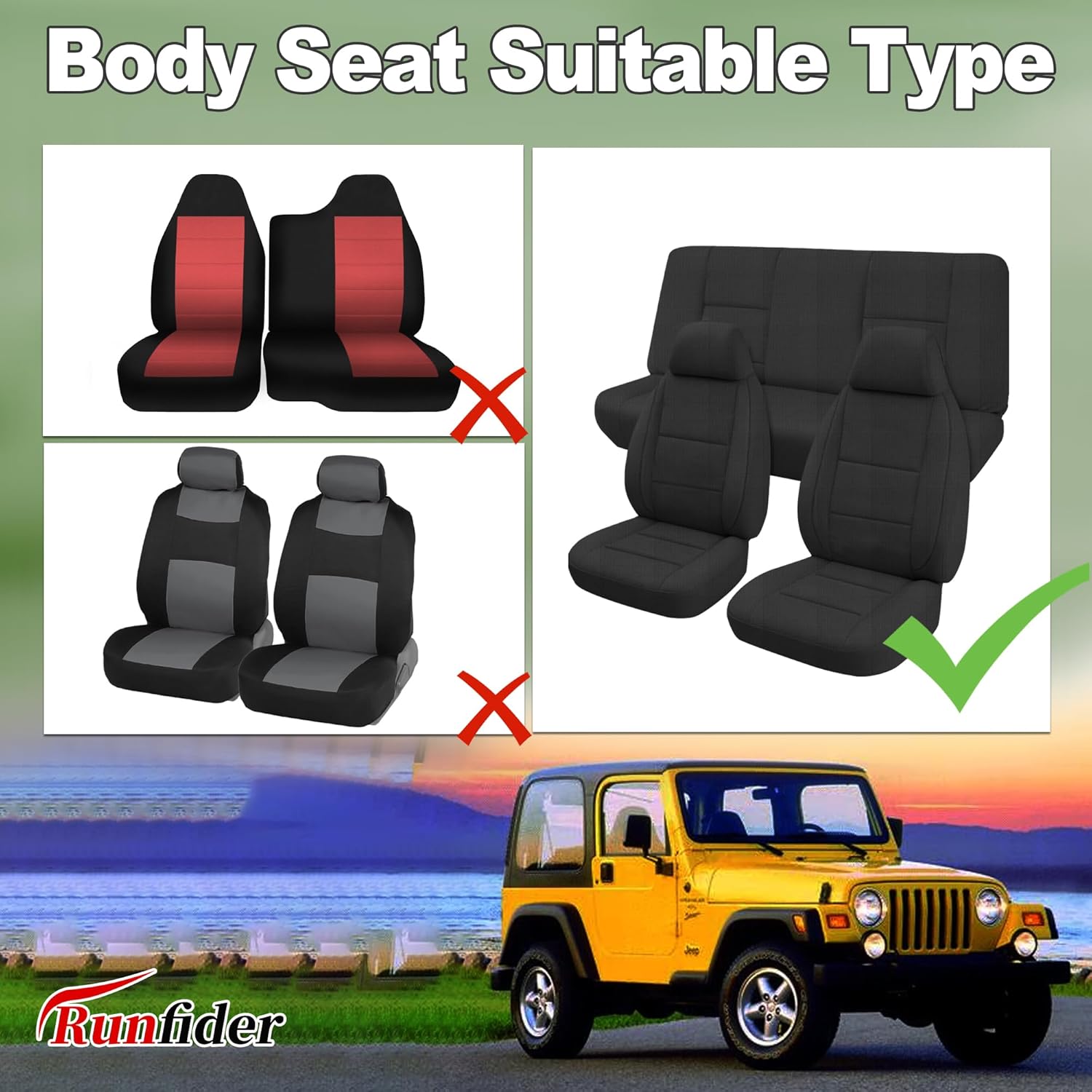 Neoprene Full Set Front and Rear Seat Covers for Jeep Wrangler TJ 1997 1998 1999 2000 2001 2002, Easy to Install and Clean - Black