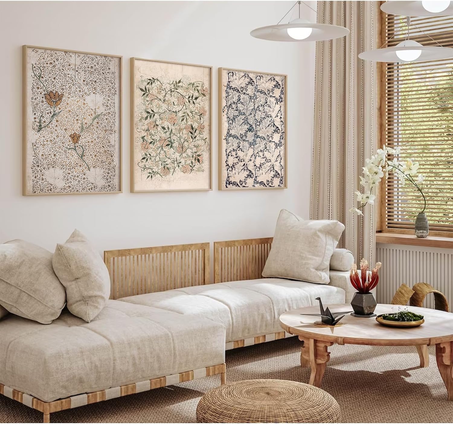 Vintage William Morris Wall Art Decor Boho Floral Botanical Canvas Pictures Abstract Neutral Flower Prints Vintage Farmhouse Artwork Painting for Living Room Bedroom 16x24 Inch Unframed Set of 3