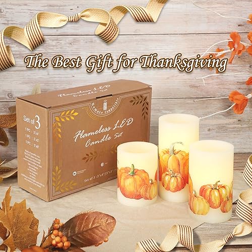 Miniatura 7 de Impress Life Velas sin llama parpadeantes de calabaza de cosecha otoñal 3 paquetes de velas adhesivas, decoración de Acción de Gracias, velas LED
