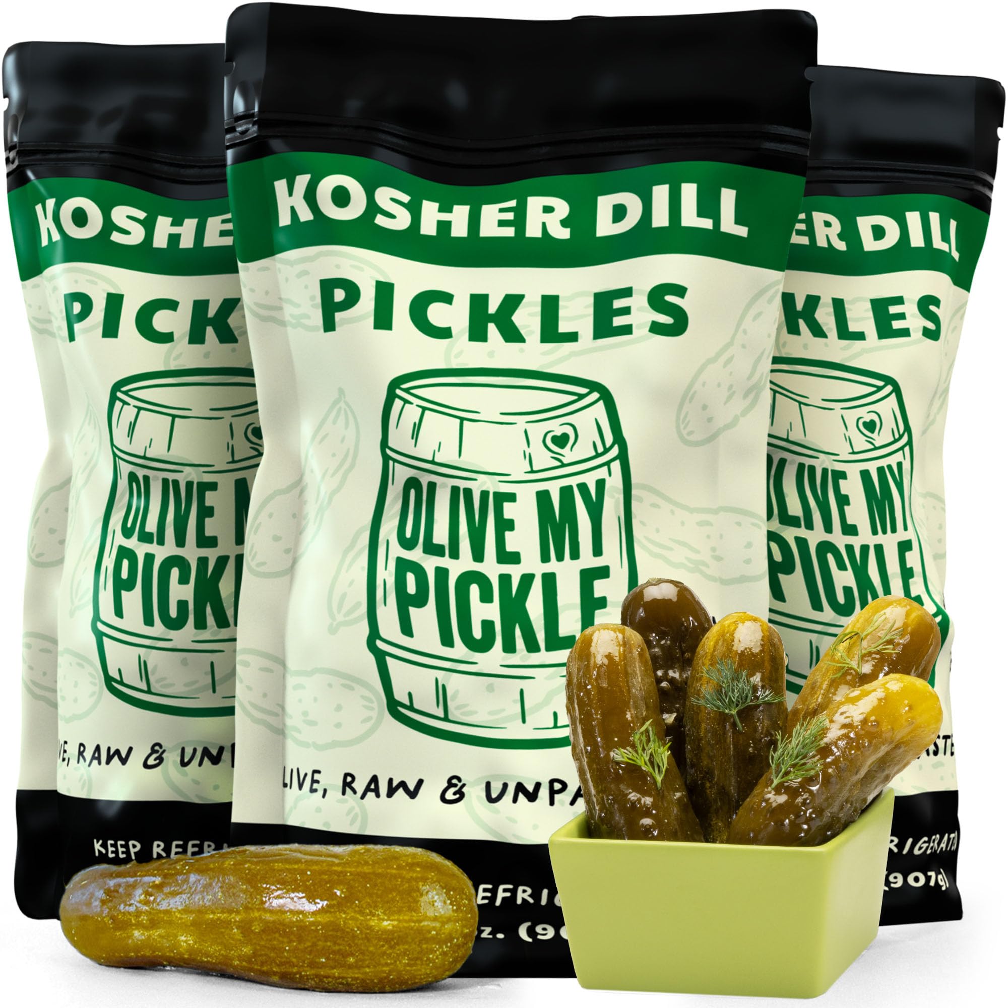 Olive My Pickle Fermented Dill Pickles - 96 Ounces | 3 Pack Bundle of Probiotic Pickles Kosher Dill and Brine with Digestive Enzymes for Gut Health - Kosher Pickles 32 oz per bag