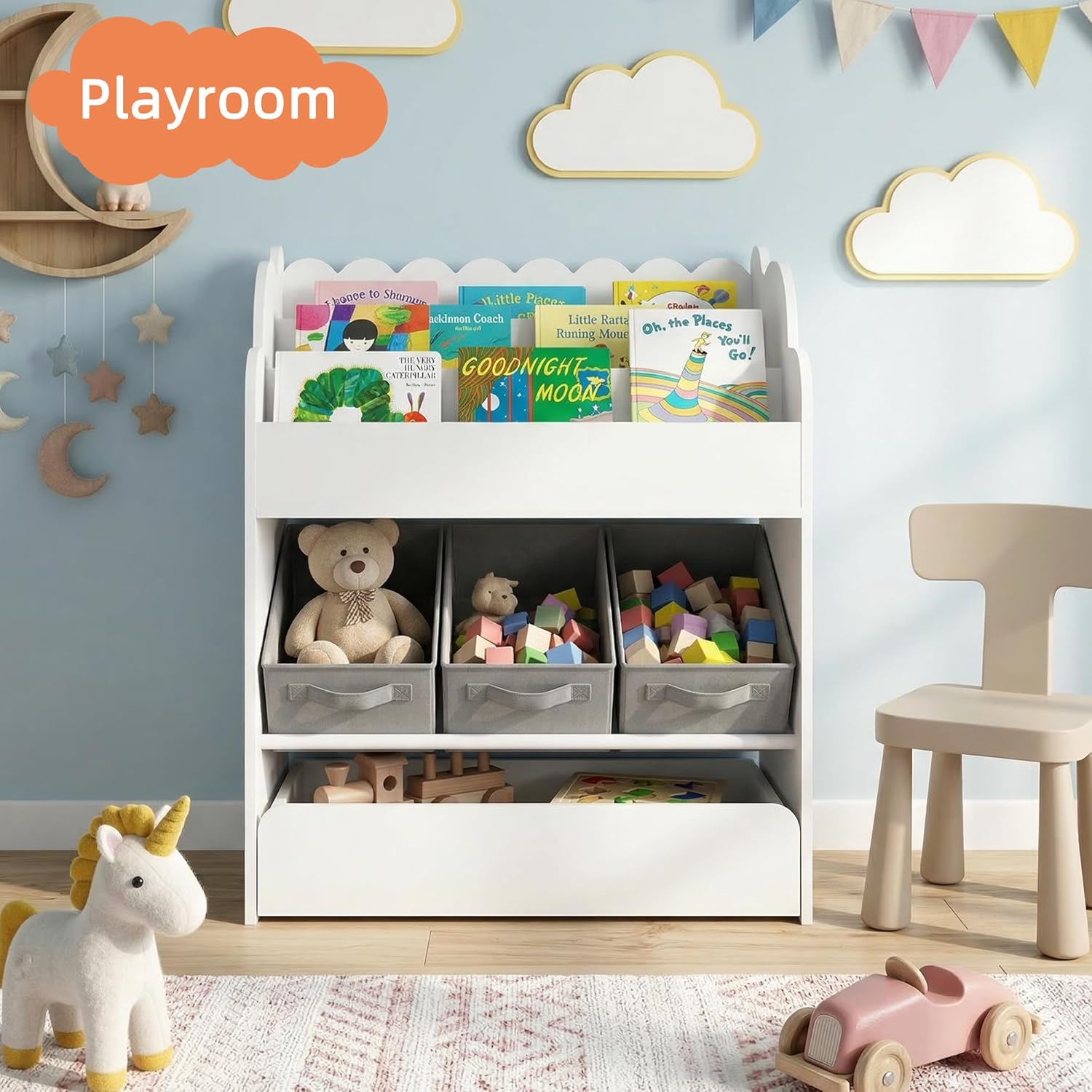 Kids Bookshelf with Fabric Storage Bins & Sliding Drawer, Multi-Functional Wooden Book Organizer for Toddlers, White Kids Bookcase for Toys, Scalloped Edge Design