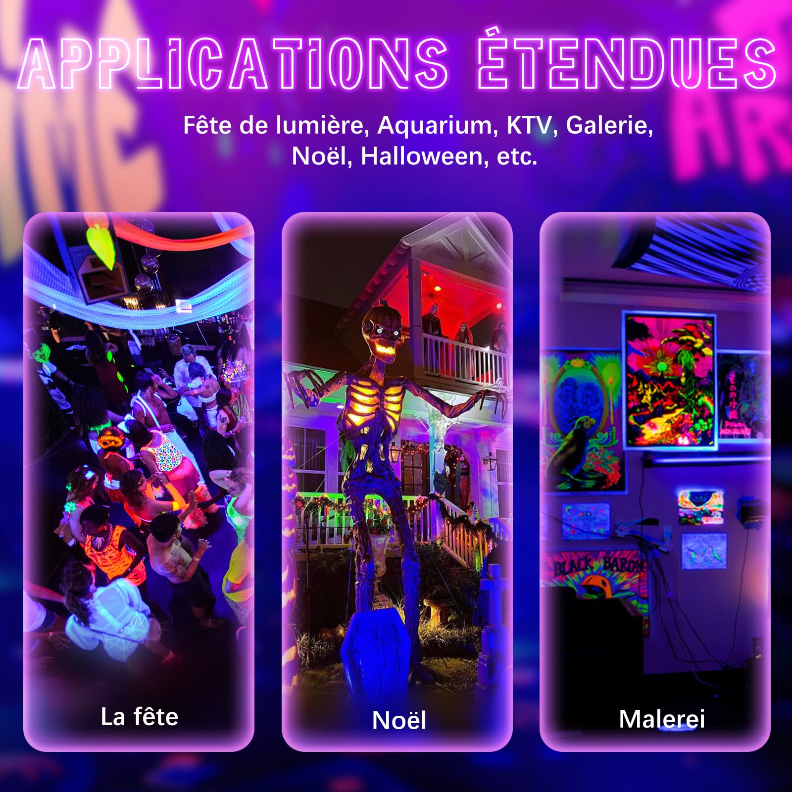 GKT 100W Projecteur Lumiere Noire, Lumiere UV, Etanche IP66, Lumière Noire avec Prise, Pour Halloween, Noël, Body Painting, Affiche Fluorescente, Soirées à la Lumière Noire
