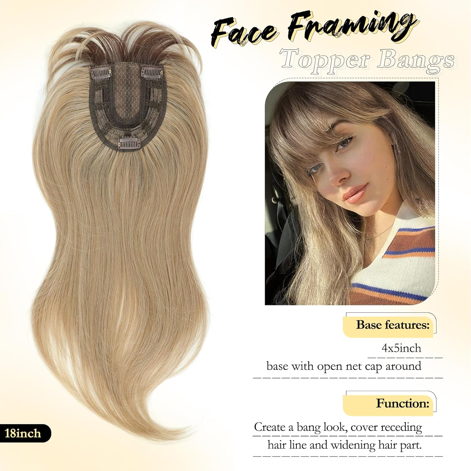 Ms Taj 18 Inch Hair Topper with Clip in Bangs, Synthetic Fluffy 4"x5" Layered Straight Toppers for Women, 360° 3D Cover Bangs Hairpiece for Thinning Hair(Natural Blonde with Dark Root)