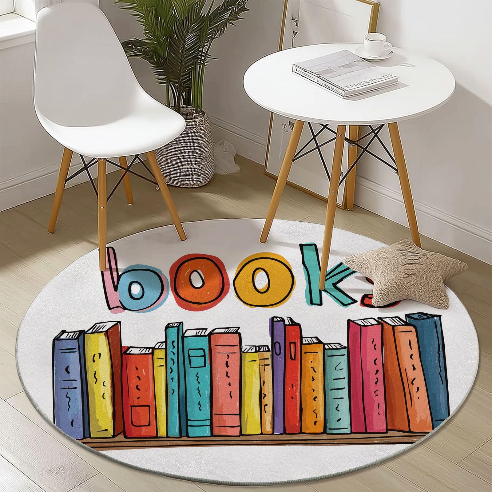 Teppich Rund 200 cm, Waschbare Teppiche, Minimalismus Bücher Briefe Flauschiger Runder Teppiche, rutschfest Carpet, Bedruckter Teppich Schlafzimmer Kinderzimmer, Bunt