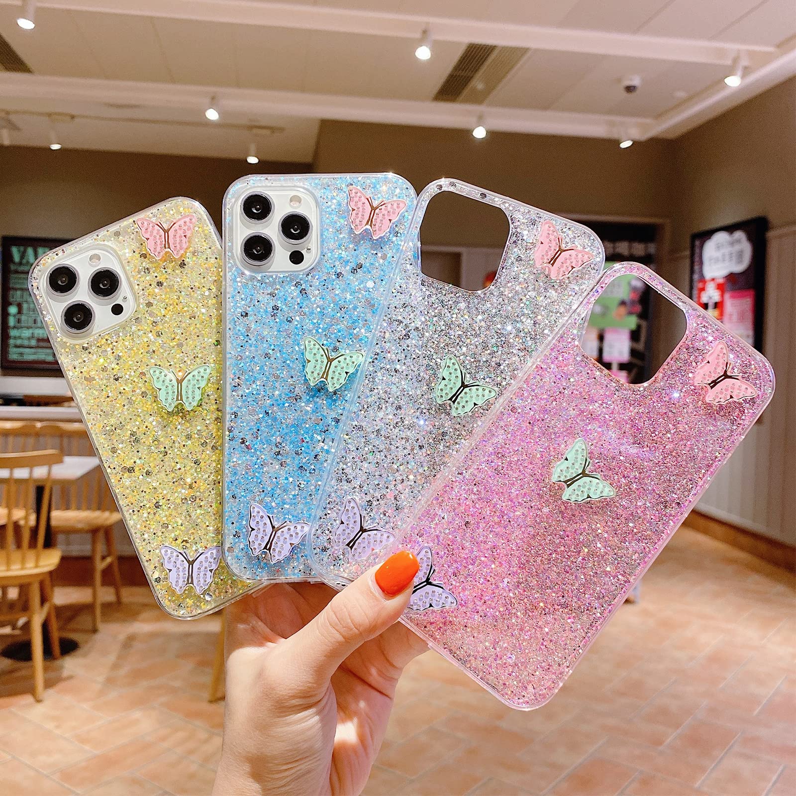 Emlivi - Custodia compatibile con iPhone 12 Pro, in silicone, motivo grazioso brillante, trasparente, in morbido TPU, con brillantini, design liquido, ultra sottile, farfalla viola