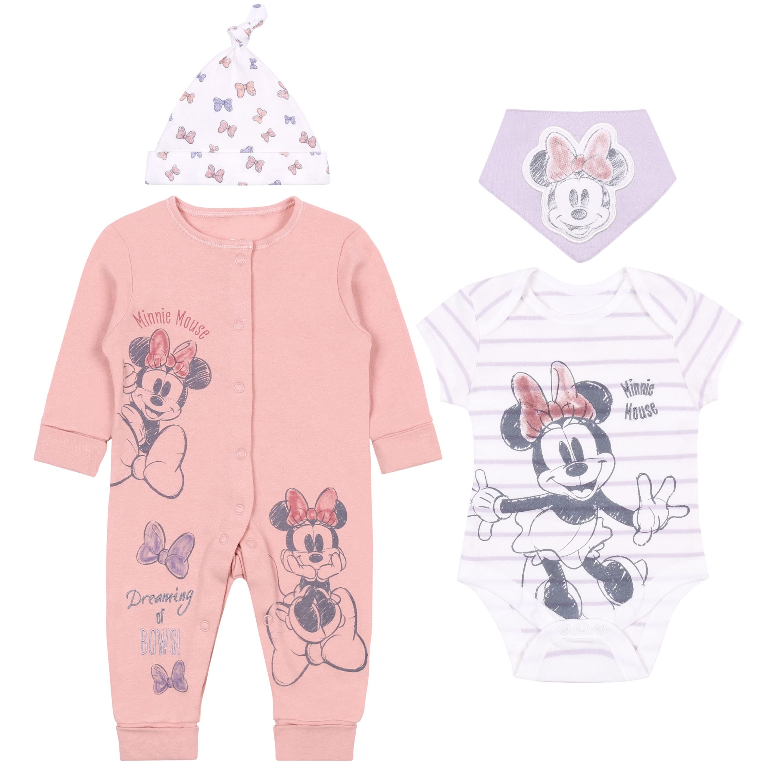 Disney Minnie Mouse Newborn Pink Violet Set Rompers Hat Body Bib 0-3 Months