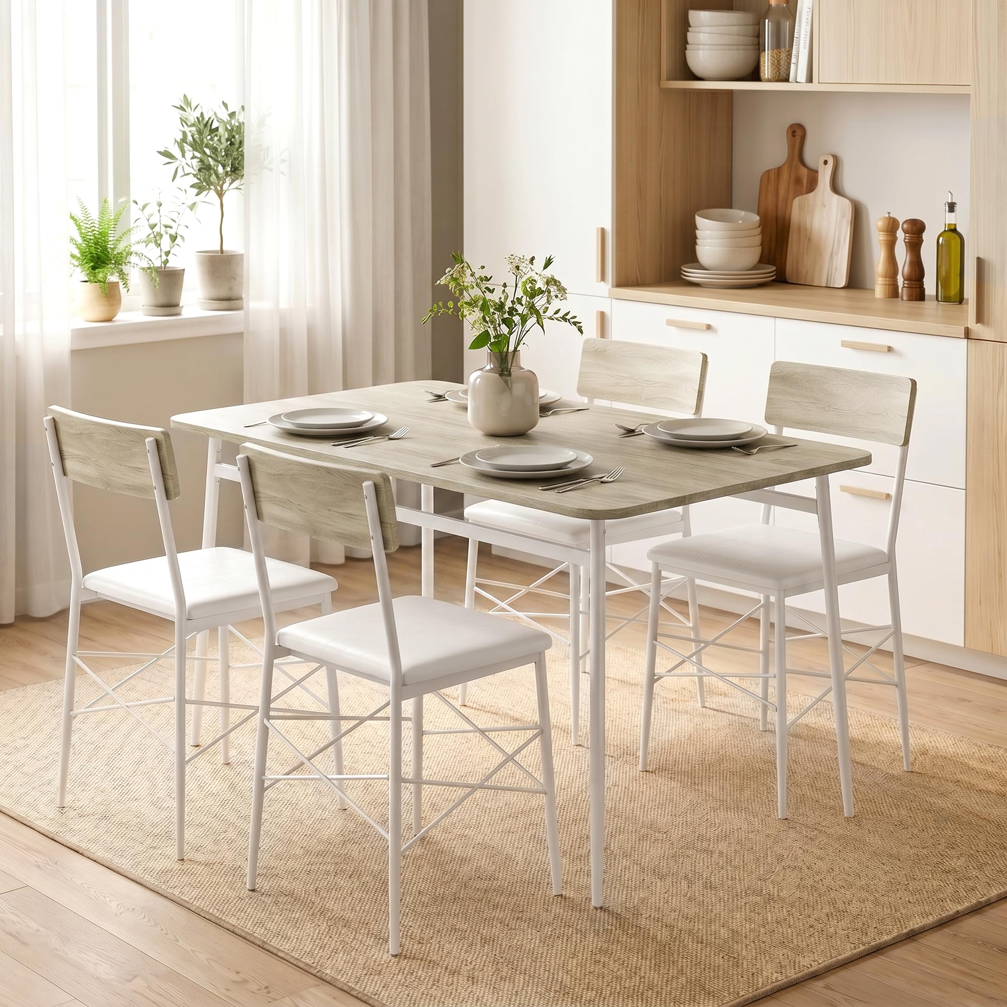 HOMCOM Juego de Mesa y Sillas de Comedor 5 Piezas Roble y Blanco | Mesa de Cocina Rectangular con 4 Sillas Acolchadas, Estilo Moderno, Marco Metálico, Espacios Pequeños, Salón, 106x66x75 cm