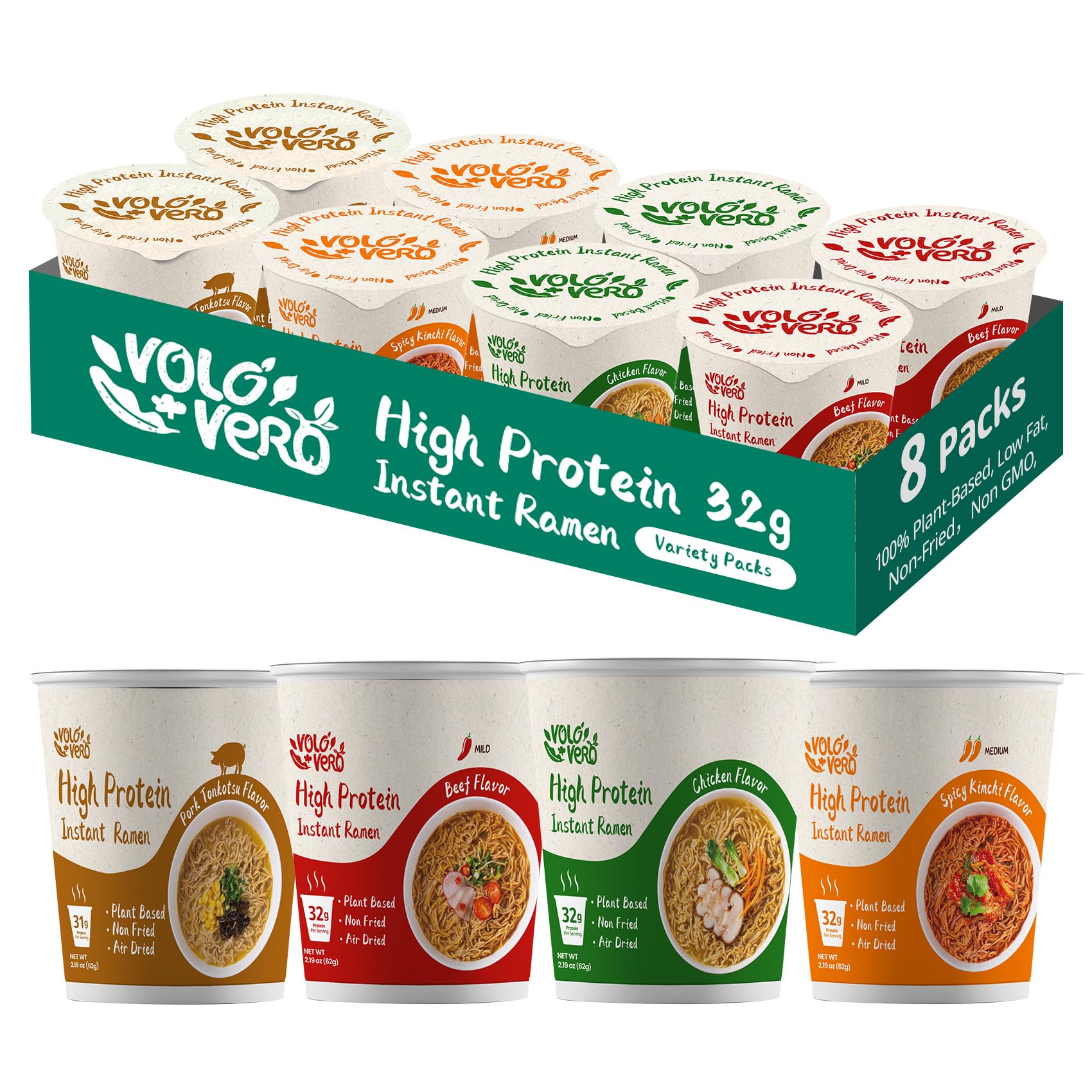 VOLO VERO High Protein (32g) Ramen Instant Noodles Cup, 8 Count, Variety Pack - Chicken, Pork Tonkotsu, Spicy Beef, Kimchi - Plant-Based, Vegan, Non-Fried, Low Fat, Non-GMO, Healthy Quick Meal