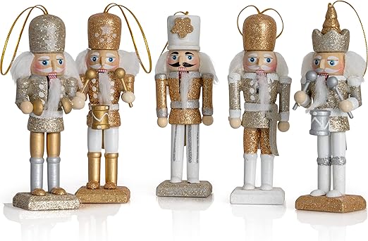 Ornativity Nutcracker Hanging Ornament Figures – Gold and Silver Glittered Christmas Mini Wooden King and Soldier Nutcrackers Xmas Holiday Tree Ornament Decor Set – 5 Pieces 5"