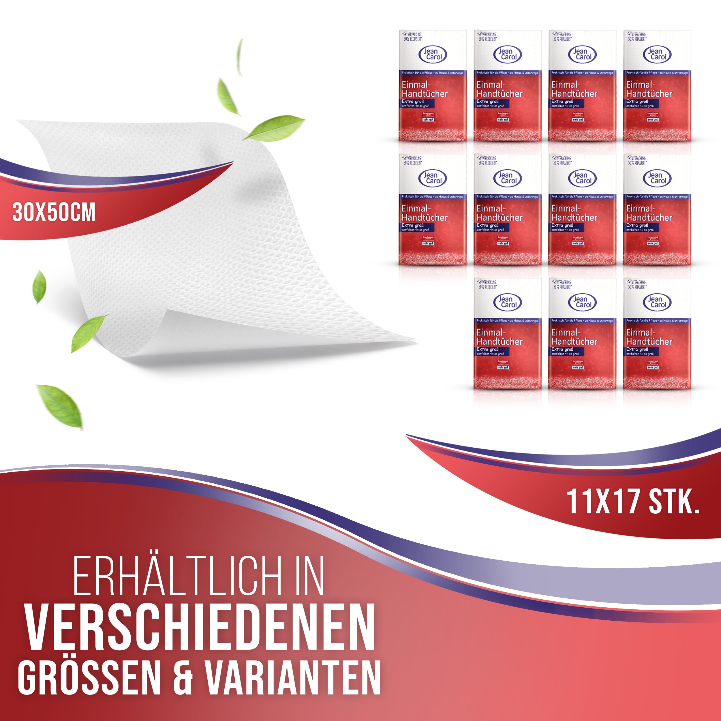 Jean Carol Einmal-Handtücher XXL, Extra stark, 17 Stück, 11er Pack (11 x 17 Stück), trockene Tücher für zuhause und auf Reisen