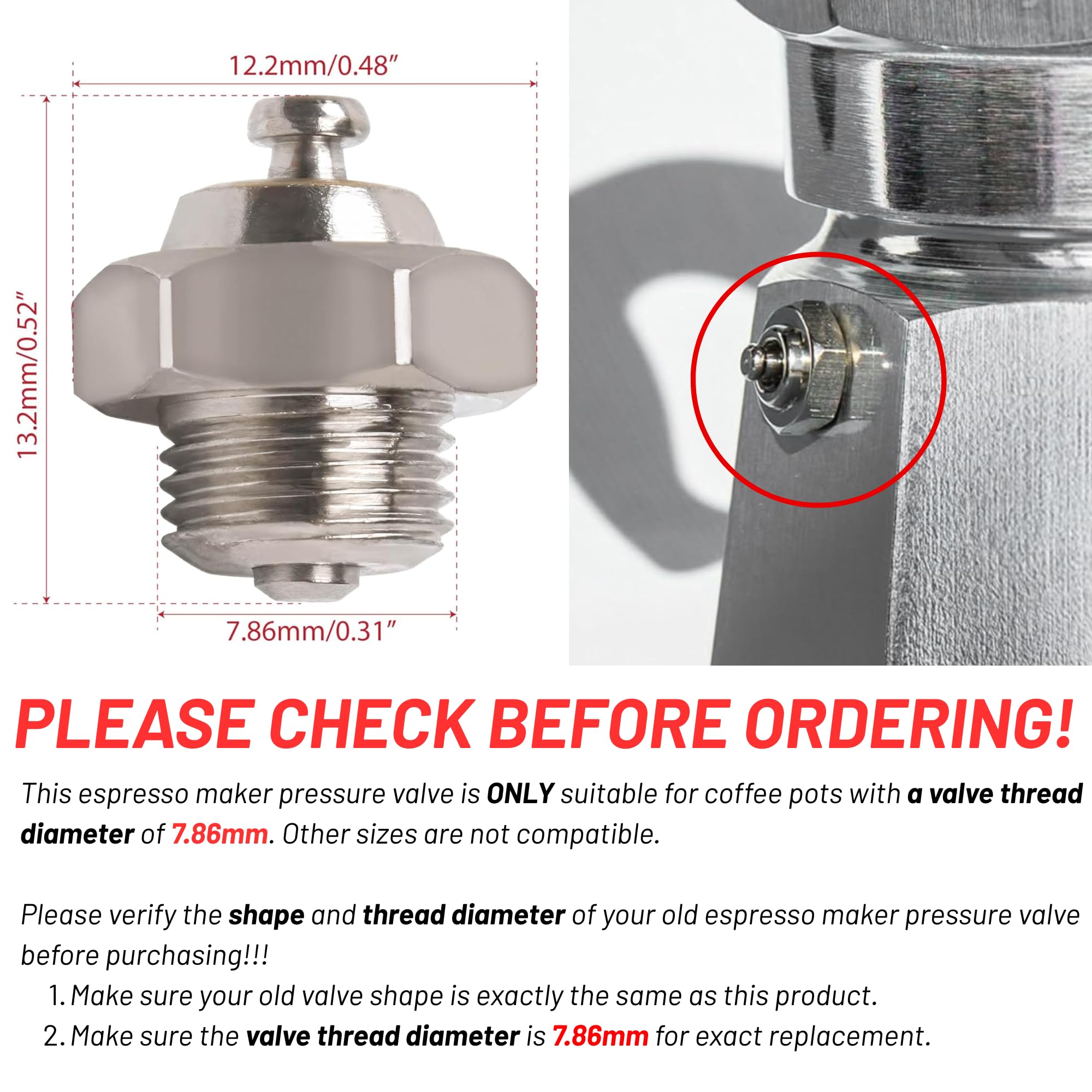 Válvula de presión para cafetera, repuesto de válvula de alivio para cafetera espresso, metal duradero, fácil de usar, tamaño: 7,86 mm