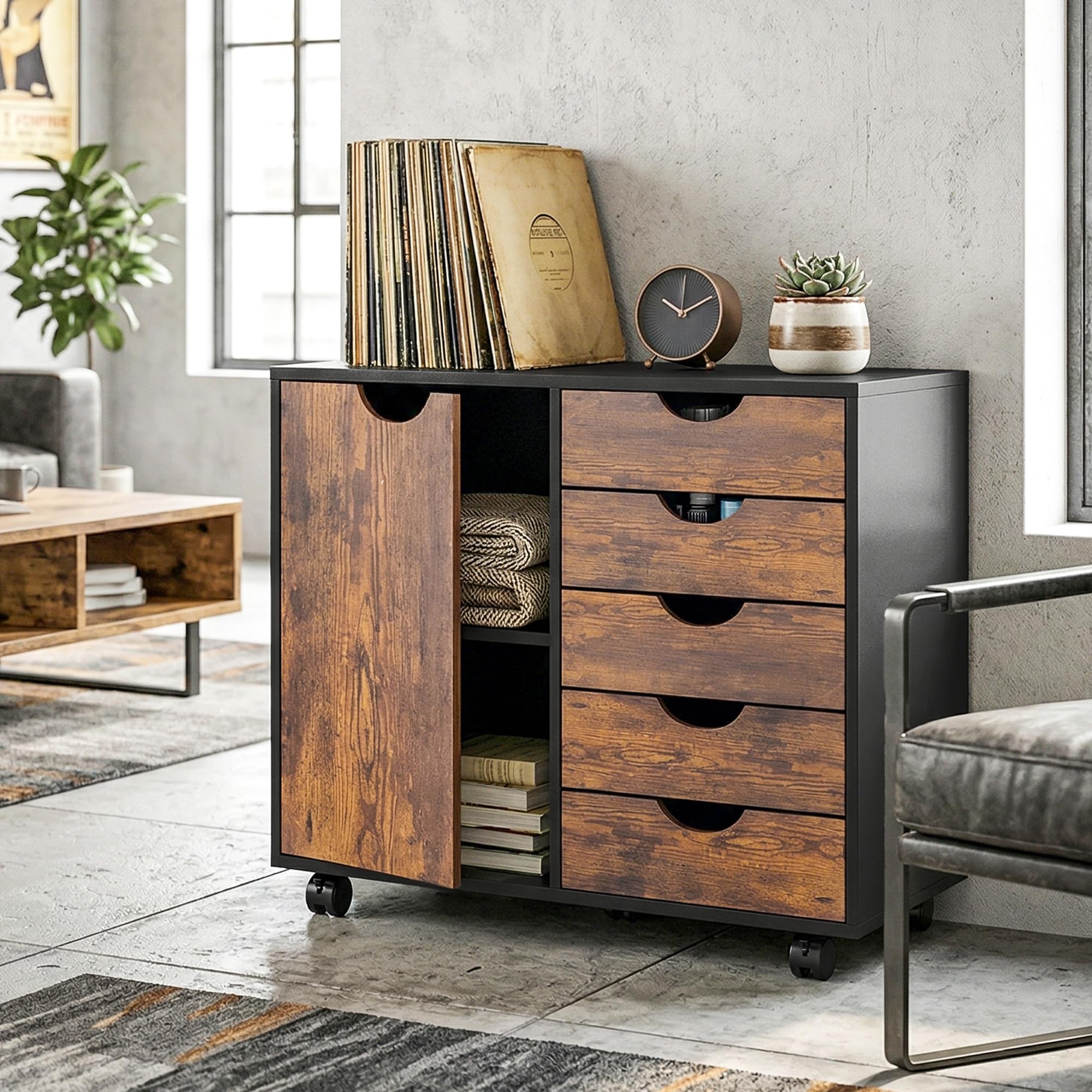 HOMCOM Cassettiera da Scrivania Mobile con 5 Cassetti e 1 Anta, Ripiano Regolabile, Armadio per Documenti e Cancelleria, 78 x 40 x 66,5 cm, Marrone Rustico