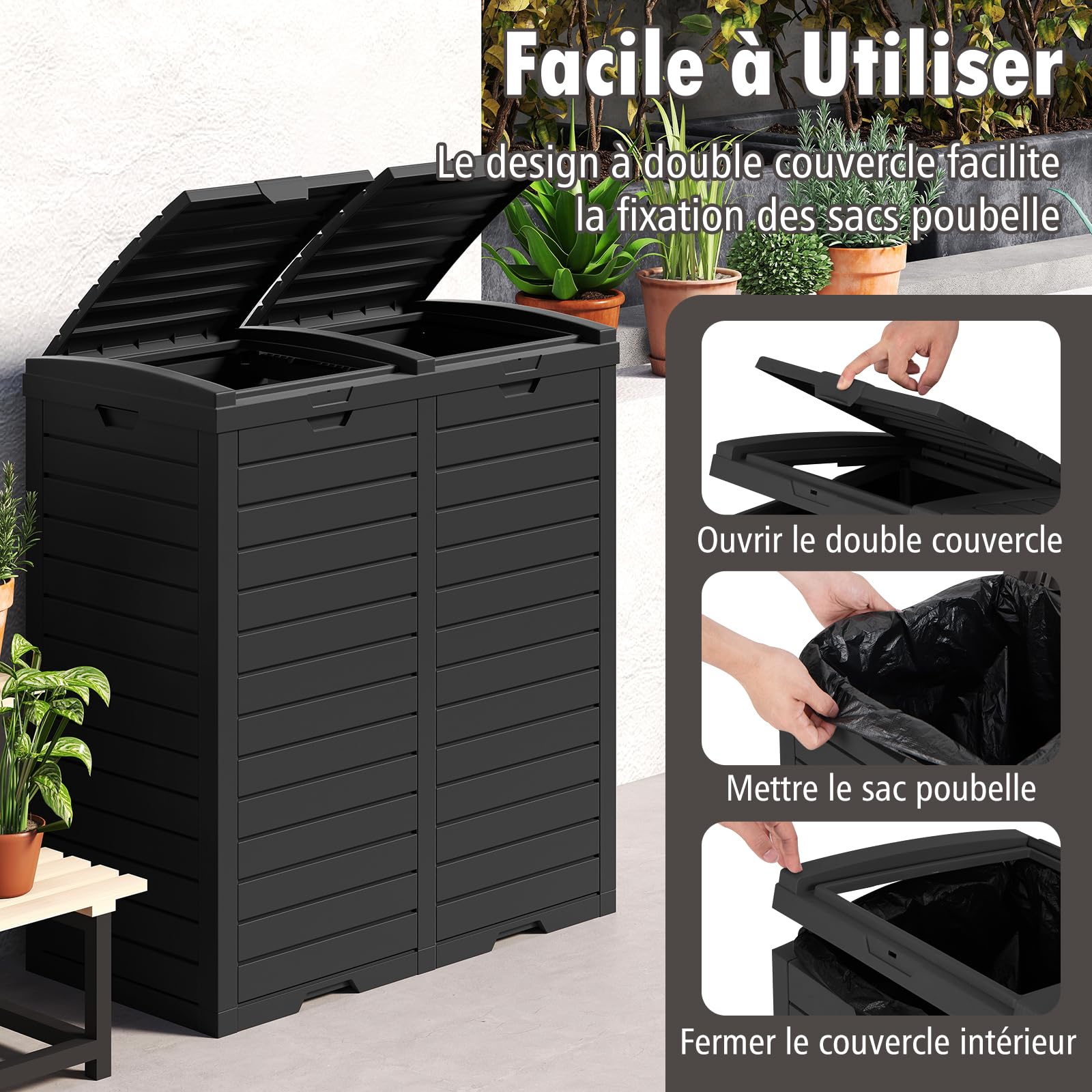 GOPLUS Poubelle Jarin Extérieure à Double Bac 236 L, Bac à Ordures Extérieur pour Déchets, Poubelle de Tri Terrasse Extérieure Intérieure avec Plusieurs Couvercles (Noir,236L|77x40x86CM)