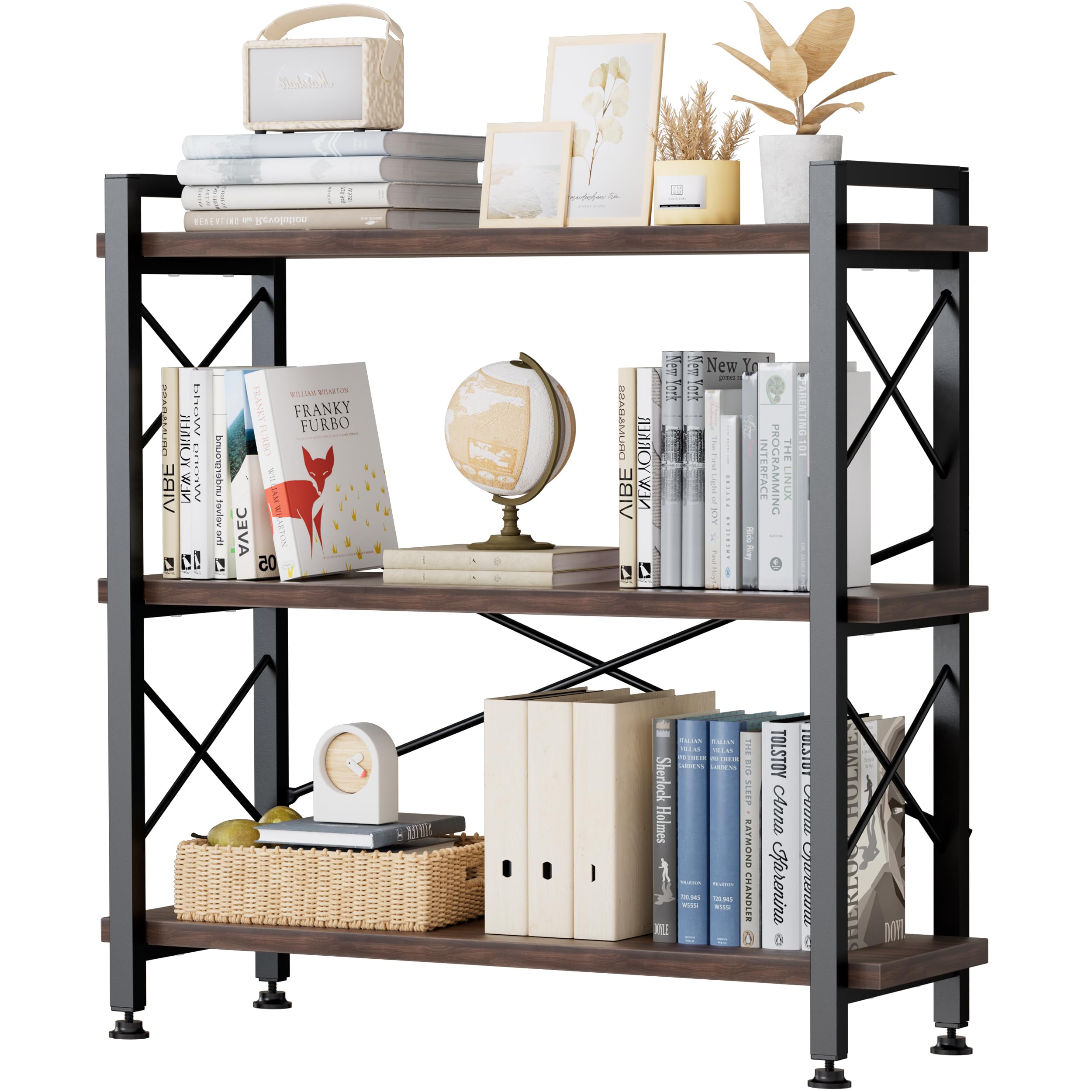 GallopFun 3 Tier Bookshelf Bookcase, 35.5'' Width Wood & Metal Open Book Shelf, Freestanding Industrial Display Shelf, Rustic Storage Shelves