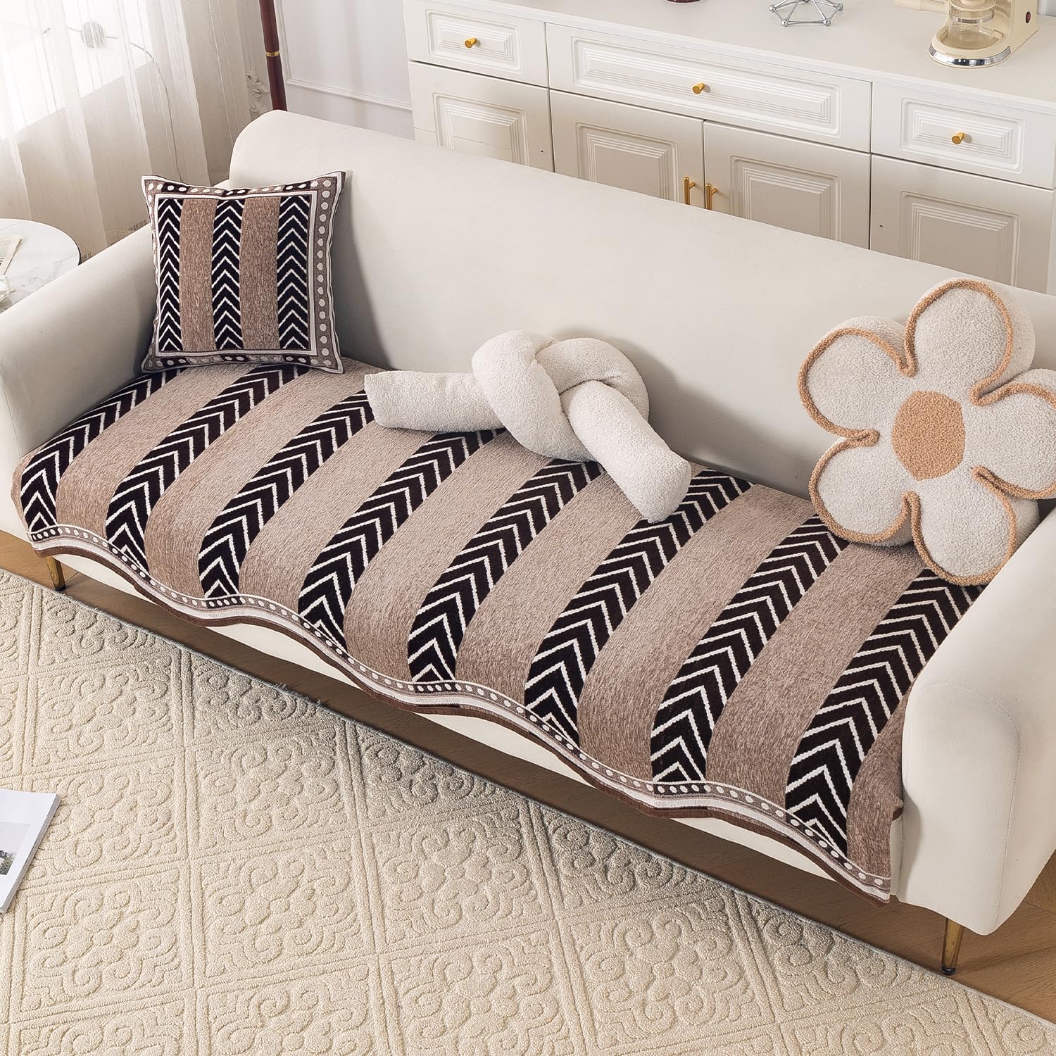 HOKIPO Premium Chenille Sofa Cover Mat with Curve Edges for 1/2/3 Seater & L Shape Sofa | Make Your Own Sofa Cover Set, 'Serene Curves Series' Sofa Mat, 90(W) x 220(L) cm, Nomad Chevron (IN-999-D5)-image-41