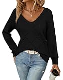 Womens V Neck Knit Sweater Long Sleeve Pullover Fall Tops Casual Loose Fit Lightweight Fashion Clothing