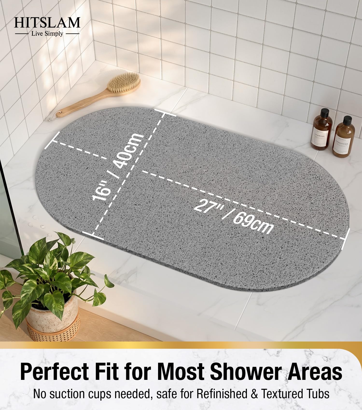 HITSLAM Tapis de Douche Ovale Antidérapant Anti-Moisissure 69x40cm Gris