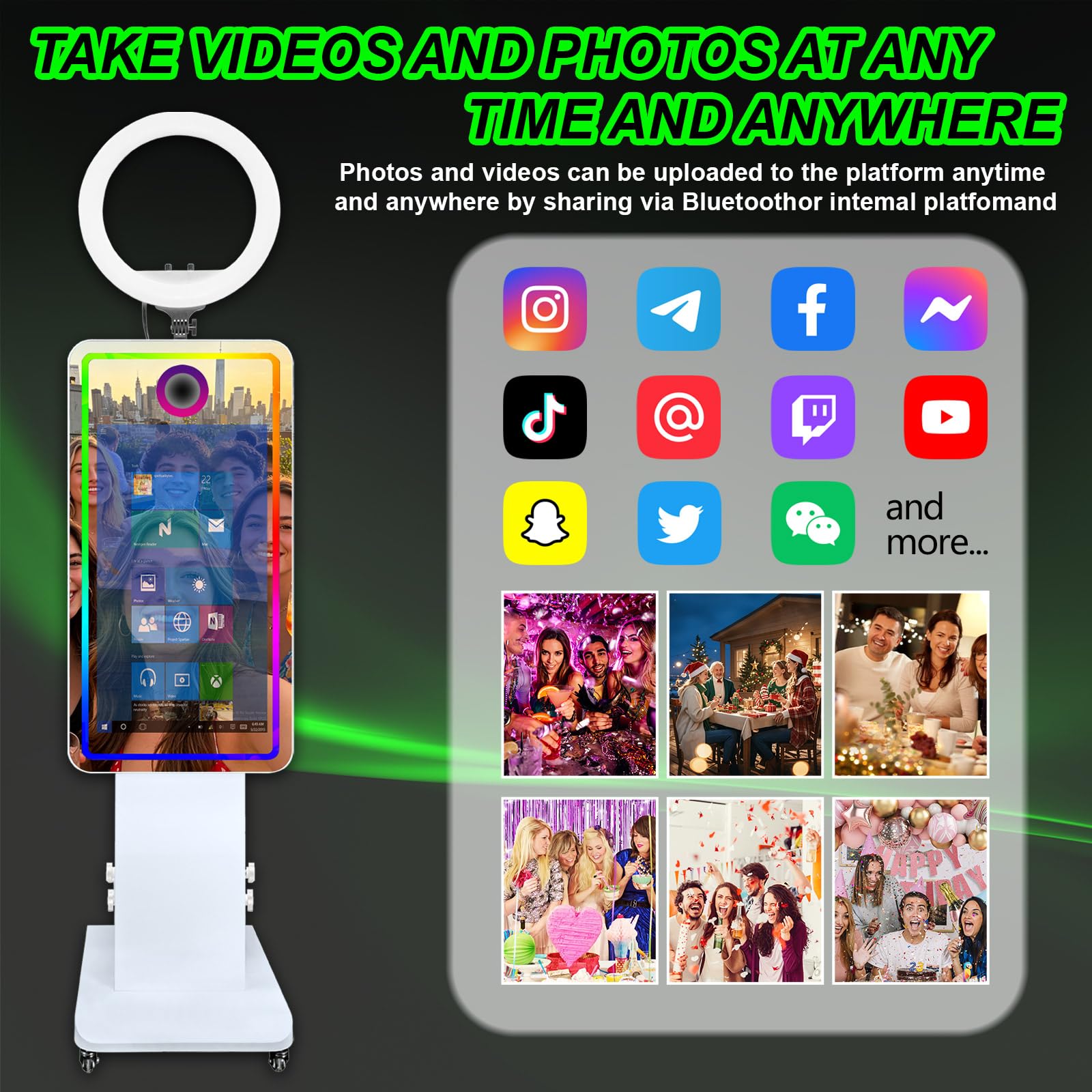 Magic Mirror Fotobudka z oświetleniem wypełniającym i ekranem dotykowym 32 cali, wbudowany mini PC, światło RGB i udostępnianie na imprezę, wesele, wypożyczalnia (fotobudka)