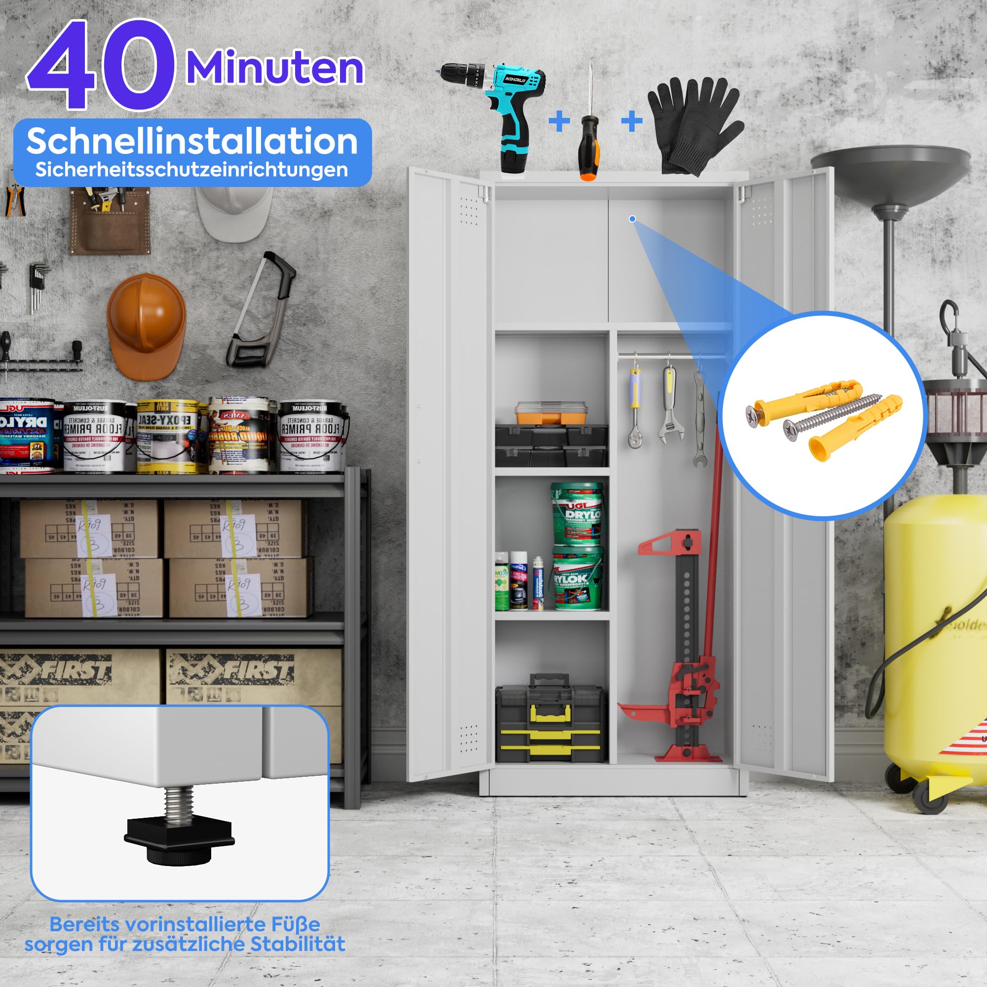 SUPEER Besenschrank mit Belüftung & Magnetverschluss,Mehrzweckschrank,Stabiler Stahlschrank für Staubsauger, Putzmittel, Wäsche und Haushaltszubehör|70x30x165 cm|Weiß