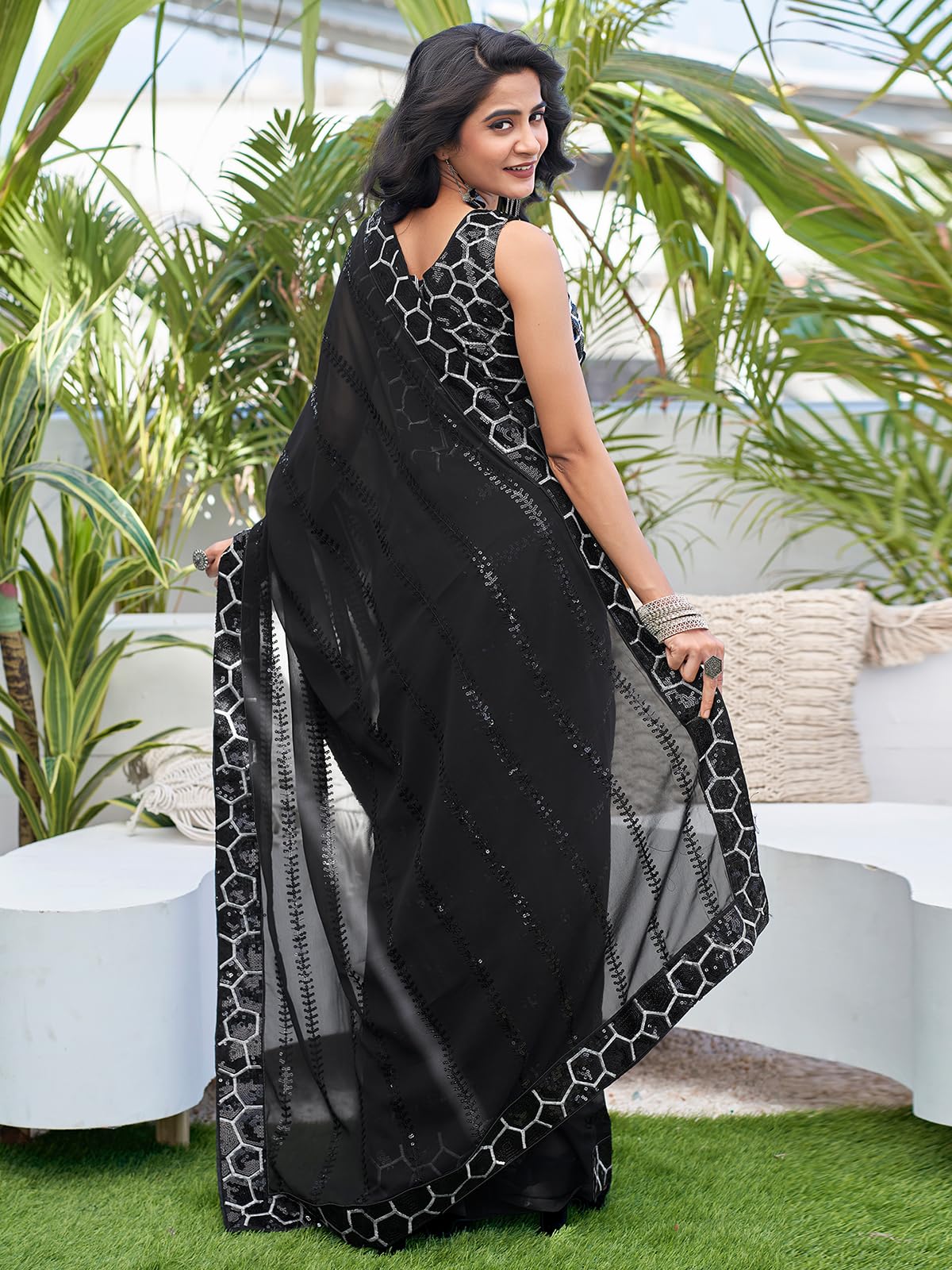 Satrani Women's Georgette Sequence Work Saree With Unstitched Blouse Piece (3775S110N_Black7)
