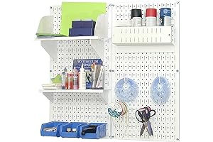 Handy Pegboard Wall Control Shelves Set for Hobby Craft with White Pegboard and White Accessories