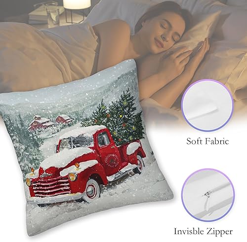 Miniatura 2 de SKYDAWNY Juego de 2 fundas de almohada de árboles de Navidad de 18 x 18 pulgadas, fundas de almohada decorativas con nieve y camión rojo, funda
