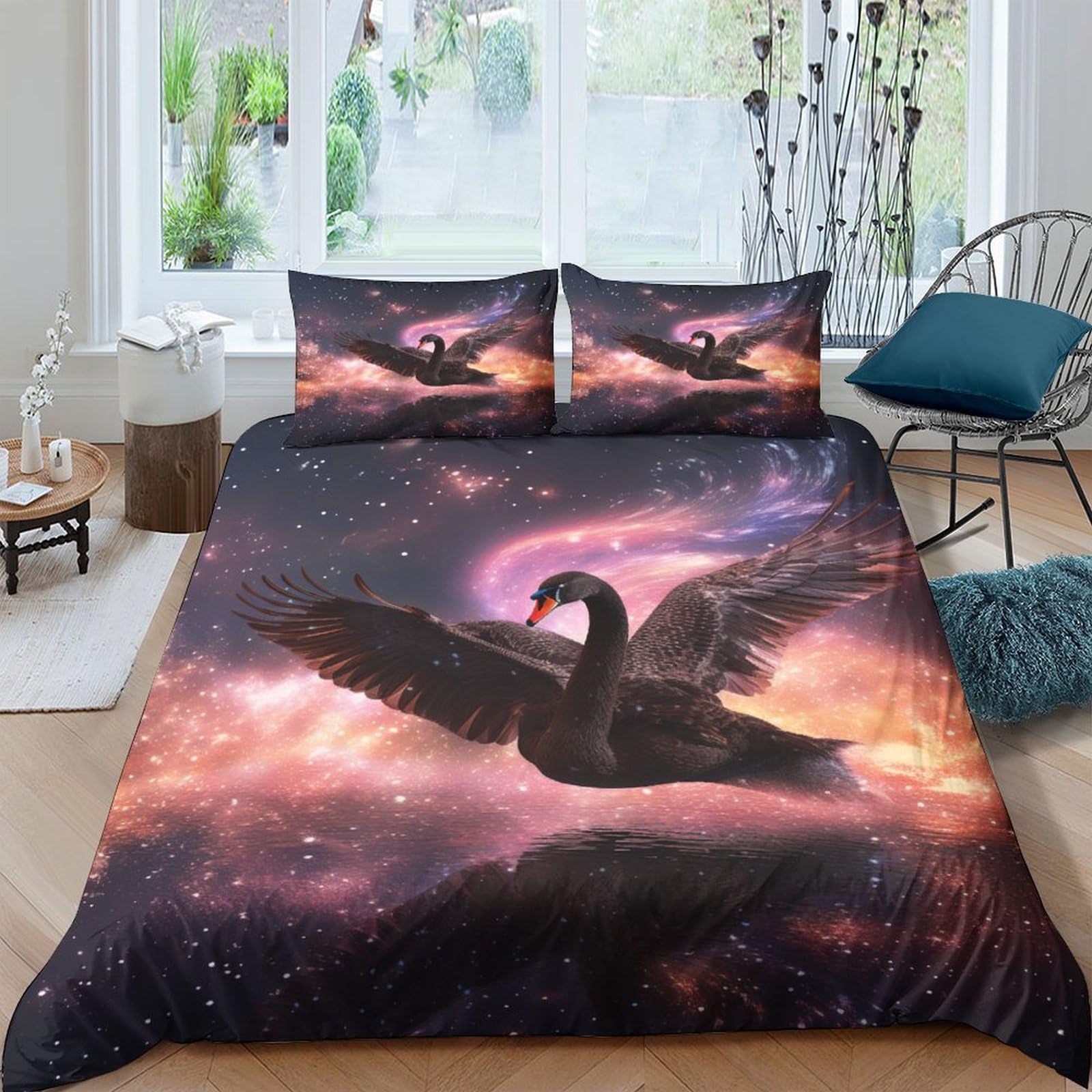 Star Swan Bedding Set Boys Girls Galaxy 3D Printed Duvet Cover Sets Kids,Hidden Zipper,Bed Cover,with Pillowcase Quilt Cover Double（200x200cm）