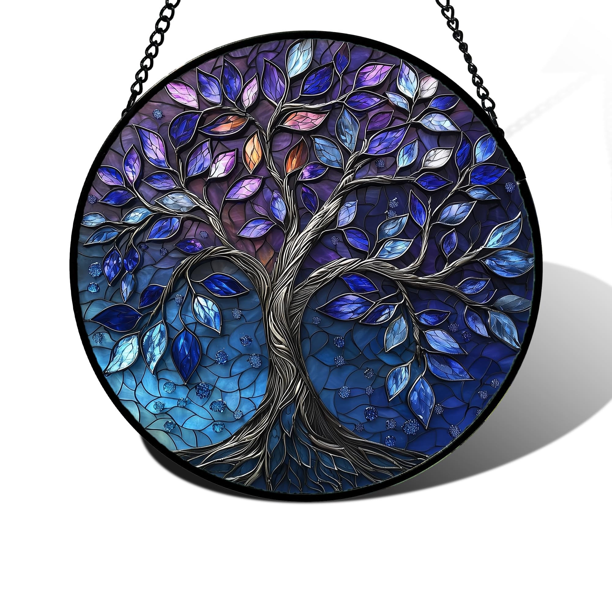 Blue Purple Tree of Life Stained Glass Window Hanging Suncatcher Gift 7.8" | Christmas Birthday Mothers Day Anniversary Sun Catcher Gift for Woman Mom