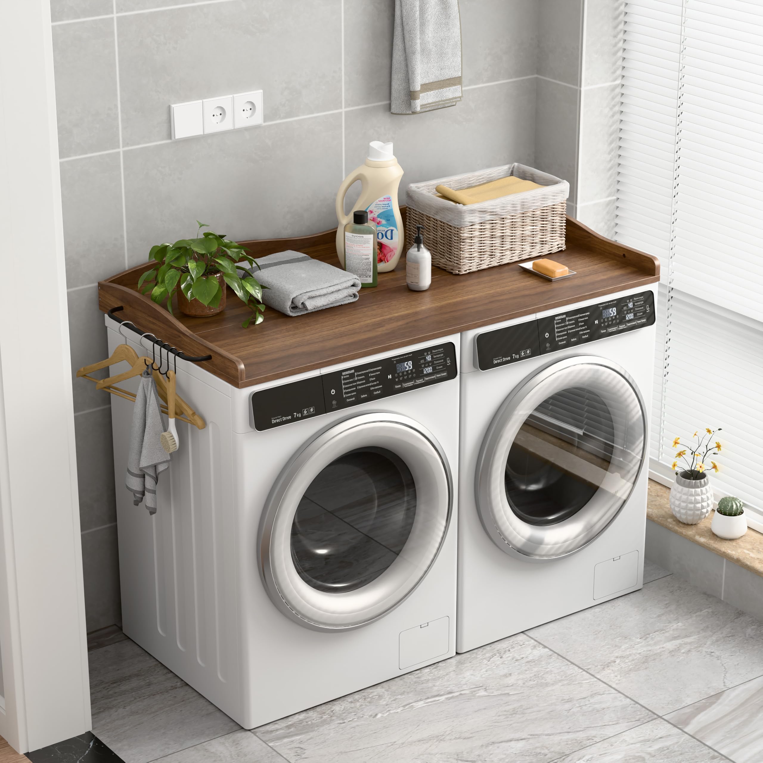 Washer Dryer Countertop, Wave Design Laundry Organizer with Side Hanging Rod &amp; Hooks, Washer Top Shelf for Folding Clothes and Storage