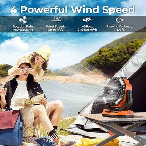 Miniatura 3 de Ventilador portátil recargable de 40000 mAh con linterna LED, ventilador de campamento a pilas, ventilador de escritorio oscilante automático con