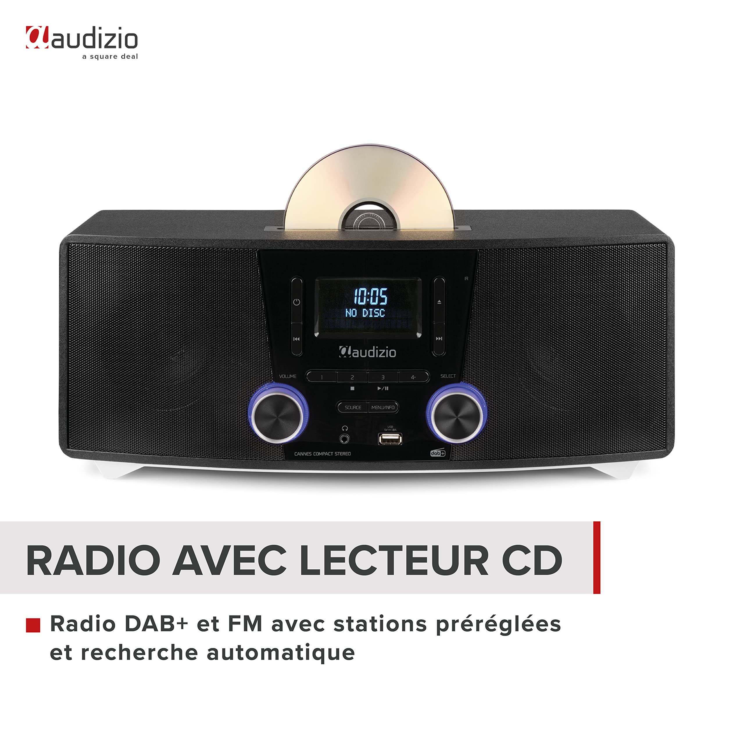 Audizio Cannes Radio Dab+ et FM, Bluetooth, Lecteur CD, Radio Réveil, Port USB, Haut-Parleurs Intégrés, Télécommande, Idéale pour Écouter la Radio et Votre Musique à la Maison