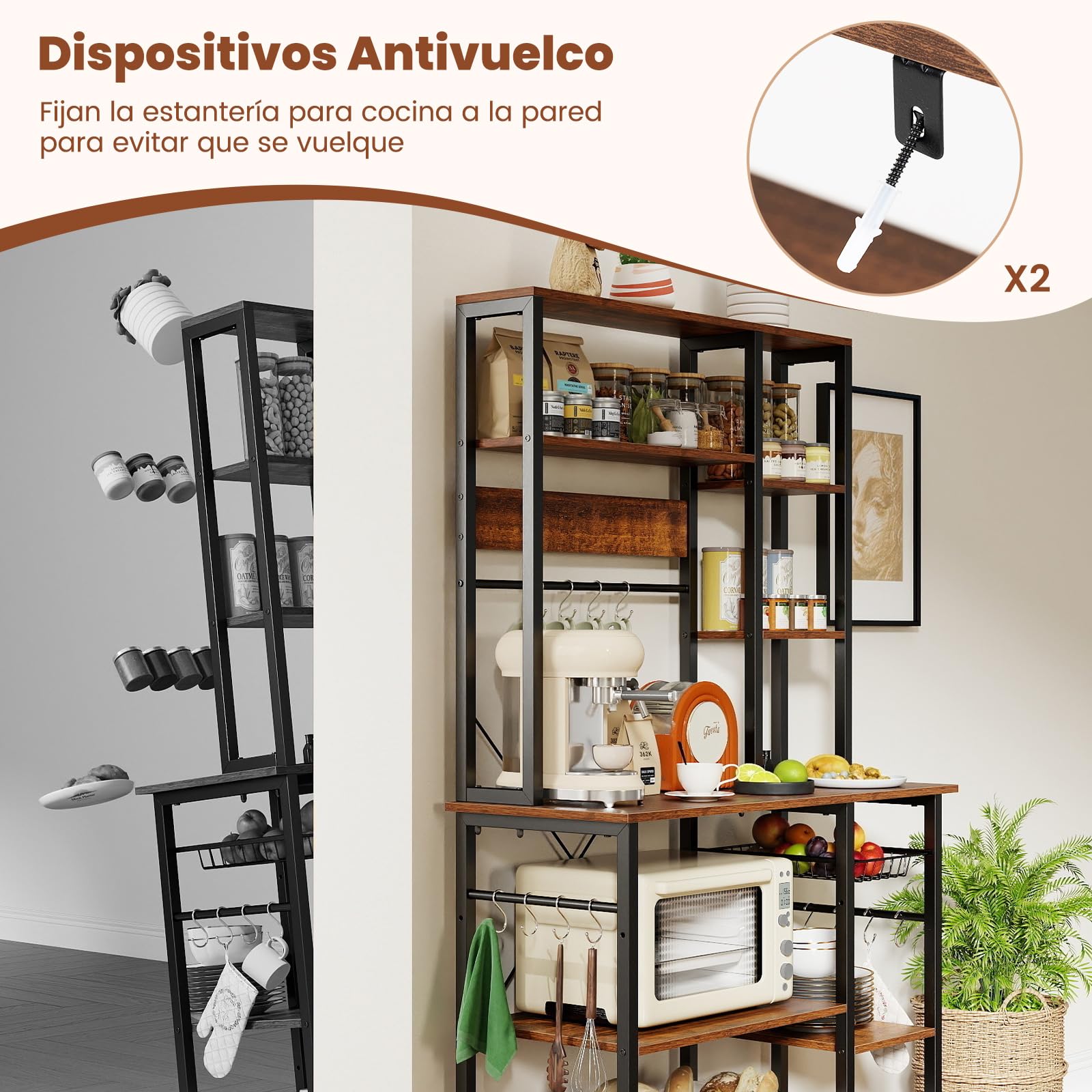 COSTWAY Estantería de Cocina, Armario de Cocina, Mueble para Microondas de 6 Niveles con Estantes Abiertos de Madera, Ganchos y Cesta, Marco Metálico, Organizador Almacenaje Cocina para Aparatos