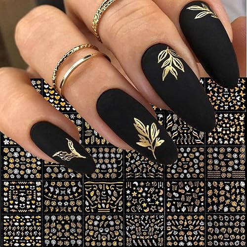 30 hojas de calcomanías doradas para arte de uñas, flores doradas, hojas de mariposas, suministros de arte de uñas, suministros de arte de uñas,