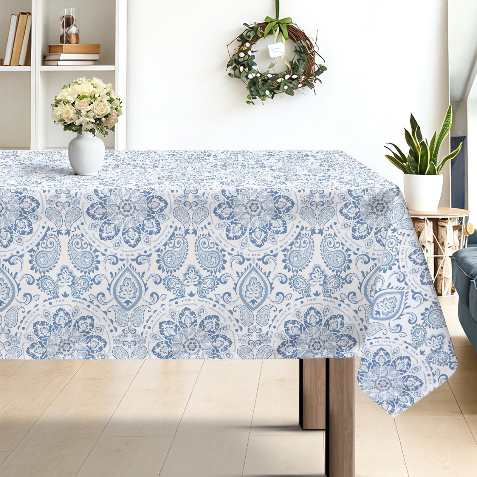 hometrixx Rectangle Table Cloth Savannah Boho Paisley Bandana Washable Polyester Oil-proof Tablecloth Stain Wrinkle Resistant Table Cover for Party Kitchen Decor Outdoor Picnic, 140 x 180cm Blue