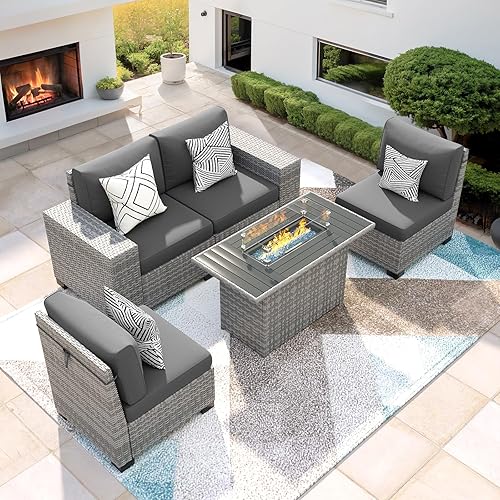 5 Piece Patio Furniture Set with Fire Pit Table, Outdoor Conversation Sets Grey Wicker Rattan Sectional Sofa, 4'' Thickened Cushion Dark Grey (Include Waterproof Cover)
